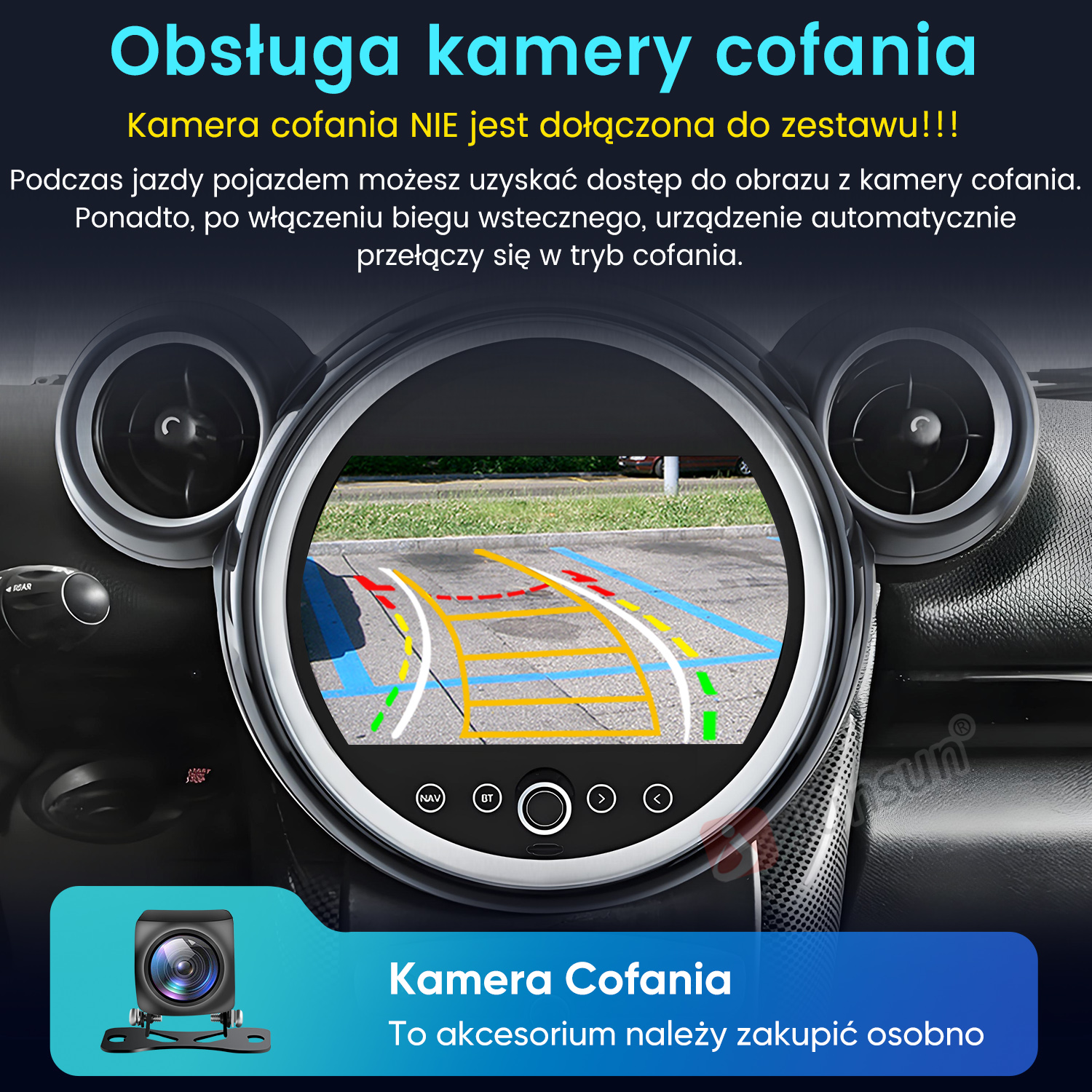 Ekran samochodu pokazujący obraz z kamery cofania z liniami pomocniczymi.