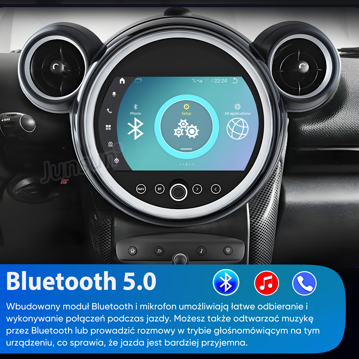 Okrągły ekran samochodowy z menu Bluetooth, otoczony dwoma nawiewami powietrza.