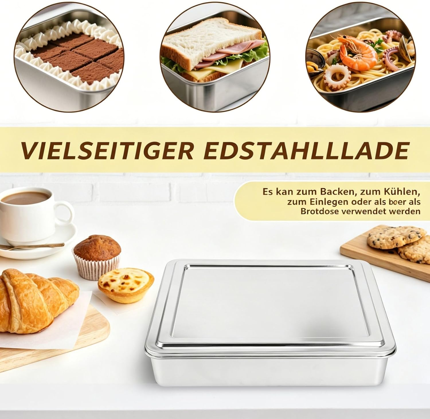 Edelstahlbehälter auf einem Tisch mit Gebäck, Kaffee und Bildern von Kuchen, Sandwich und Pasta.