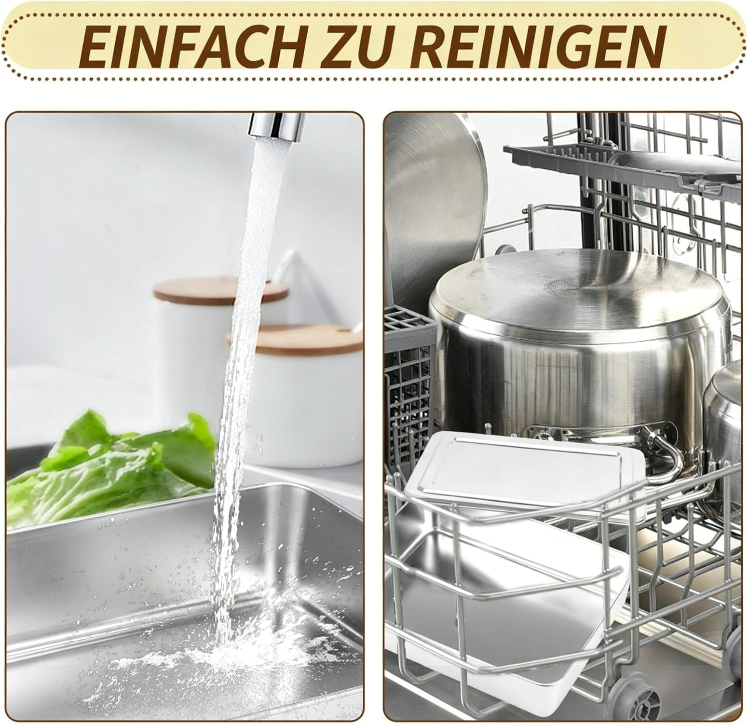 Wasser läuft in ein Metallbecken und Töpfe stehen in der Spülmaschine.