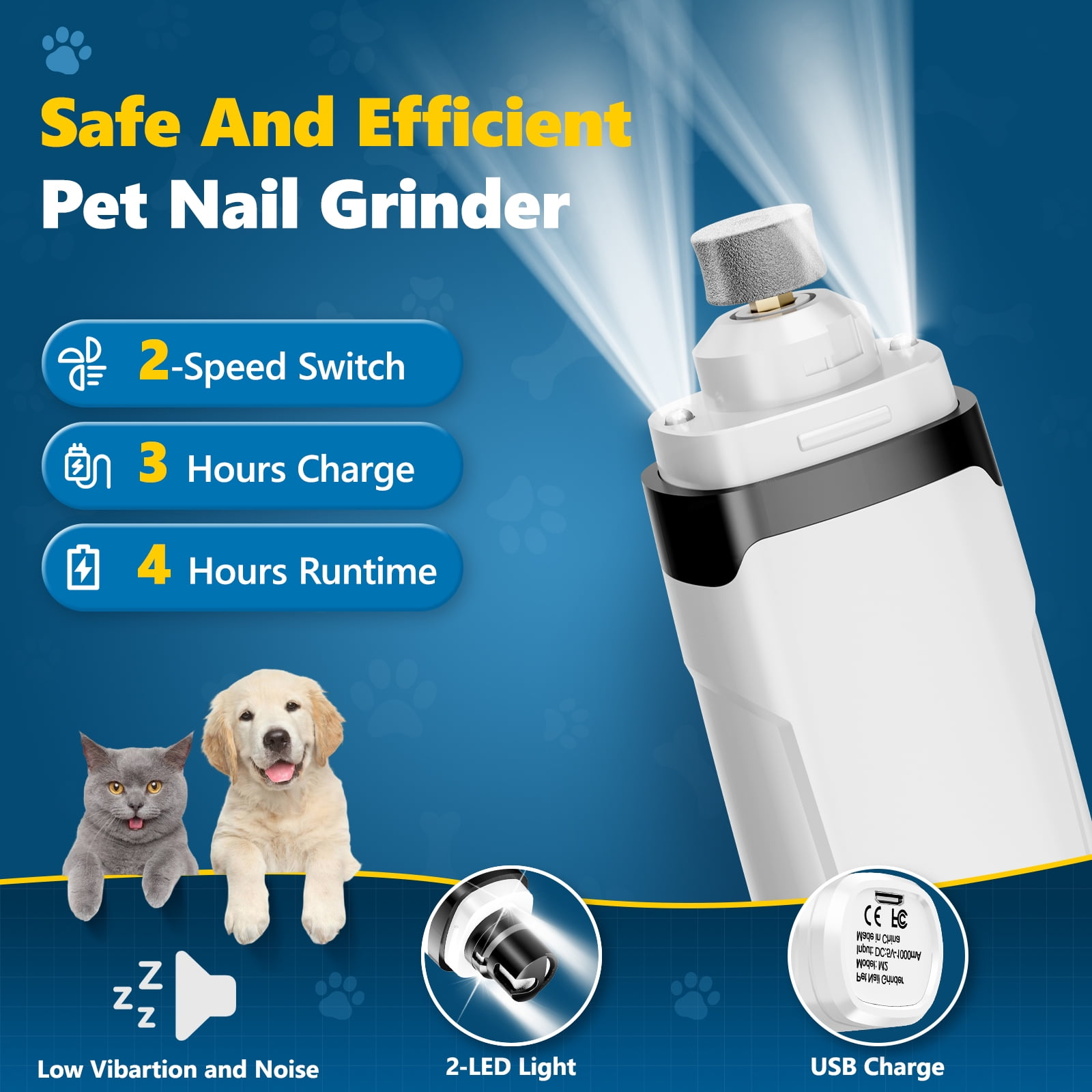 Produktbild eines sicheren und effizienten elektrischen Haustier-Nagelschleifers mit Merkmalen und Haustieren.