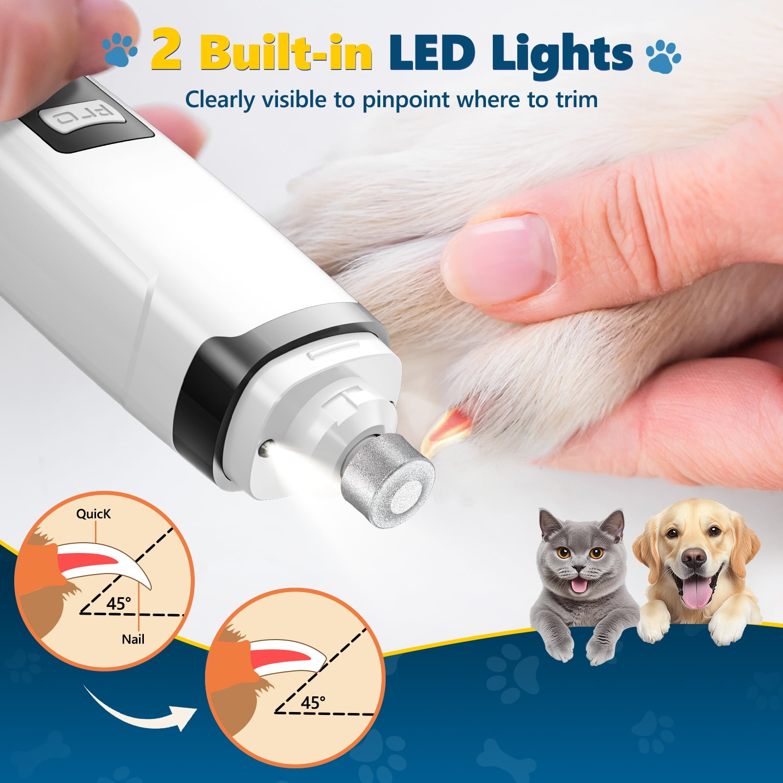 Eine elektrische Krallenfeile mit LED-Licht wird zum Trimmen der Klaue eines Hundes verwendet.