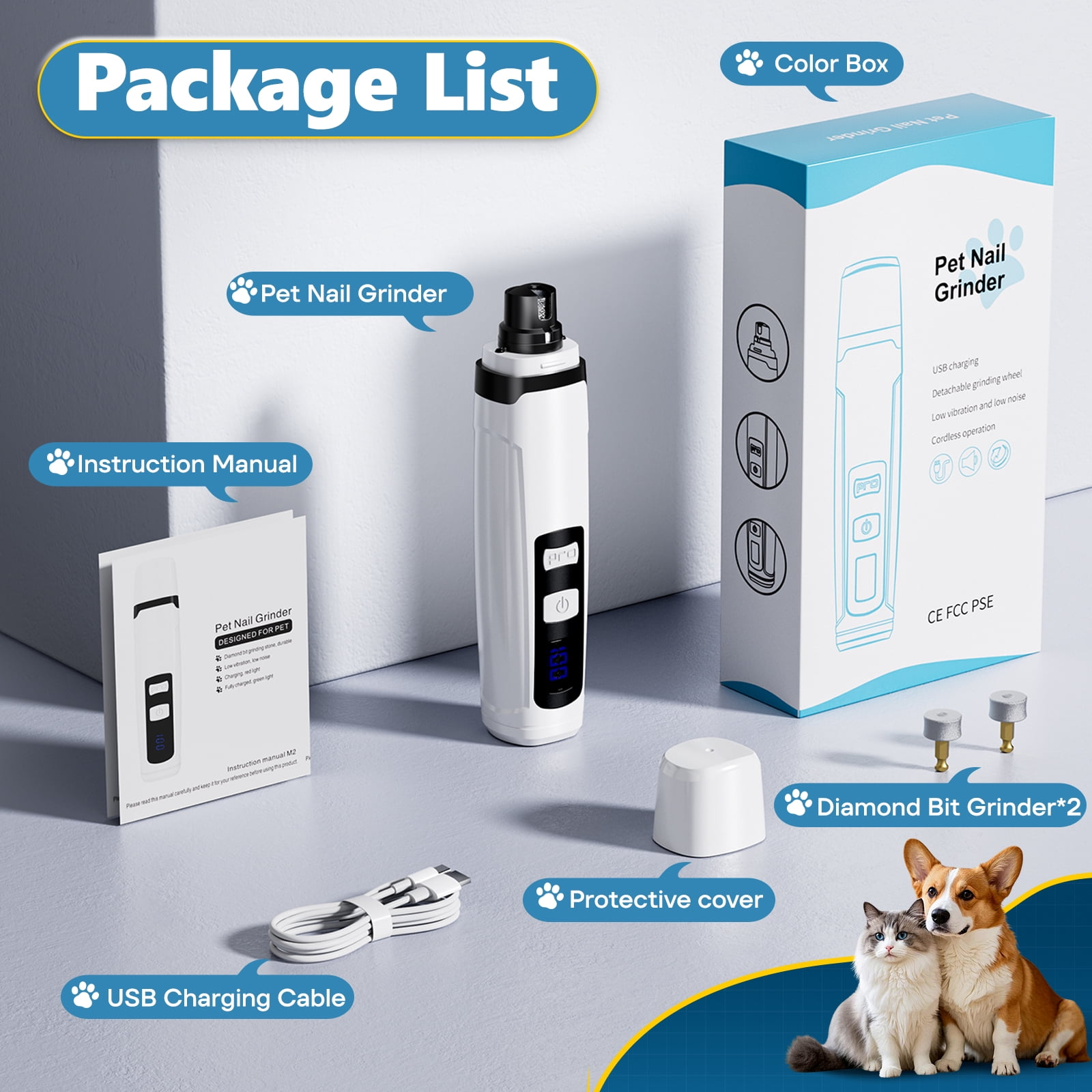 Eine Haustier-Nagelschleifer-Paketliste mit Gerät, Box, Handbuch, USB-Kabel, Schutzabdeckung und zwei Schleifköpfen.