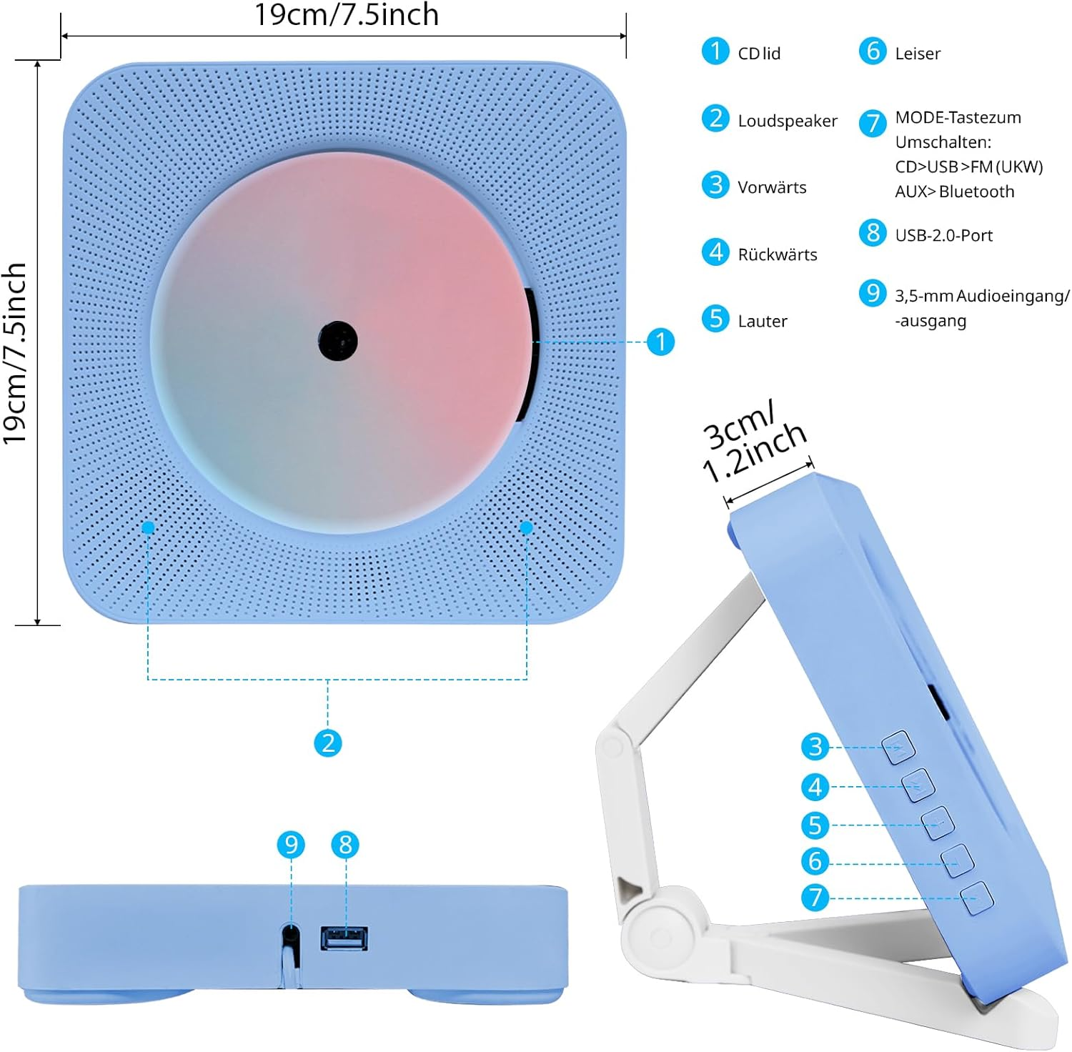 Blauer CD-Player mit Maßen, Tasten und Anschlüssen in einer technischen Zeichnung.