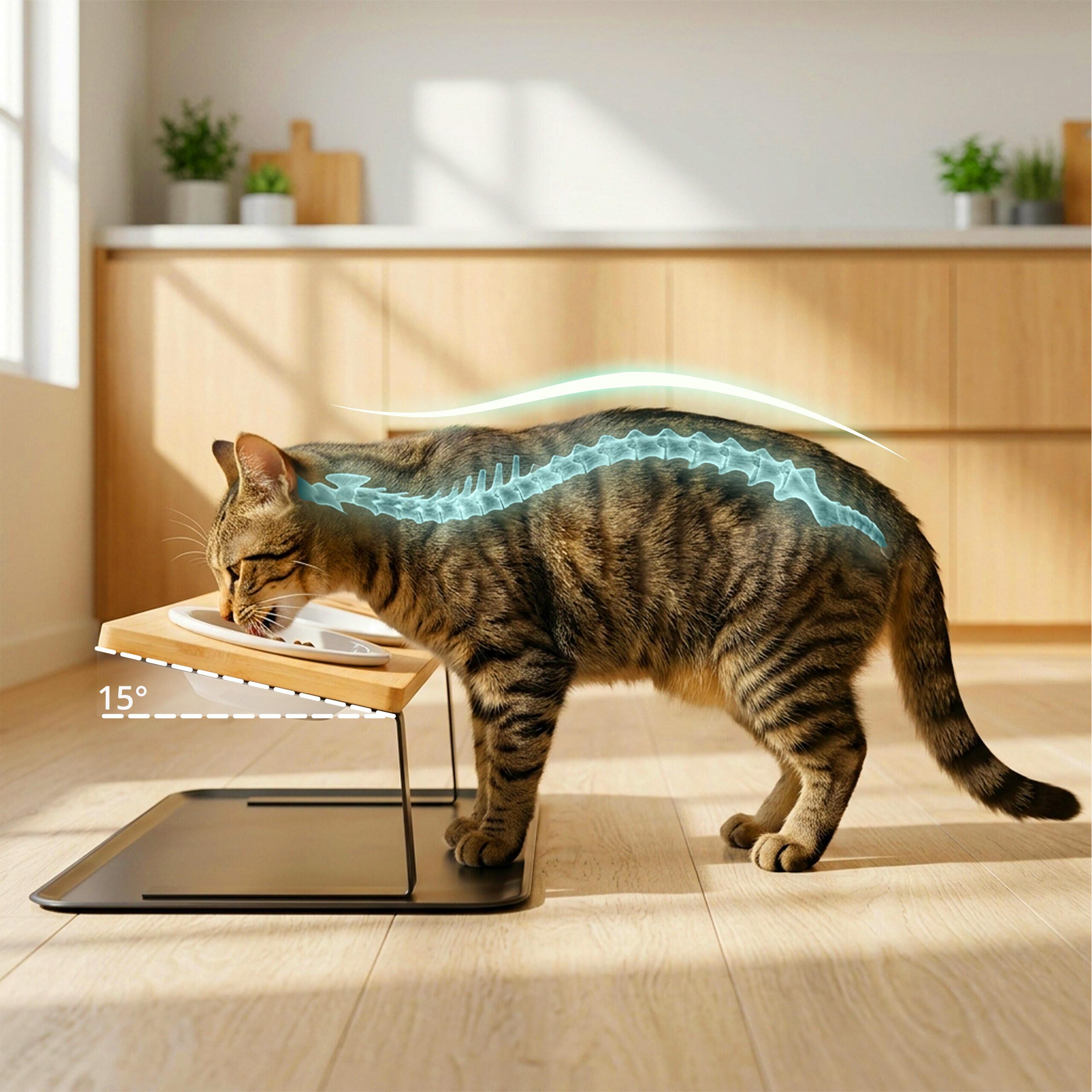 Eine Katze frisst aus einem 15 Grad geneigten Napf in einer Küche.