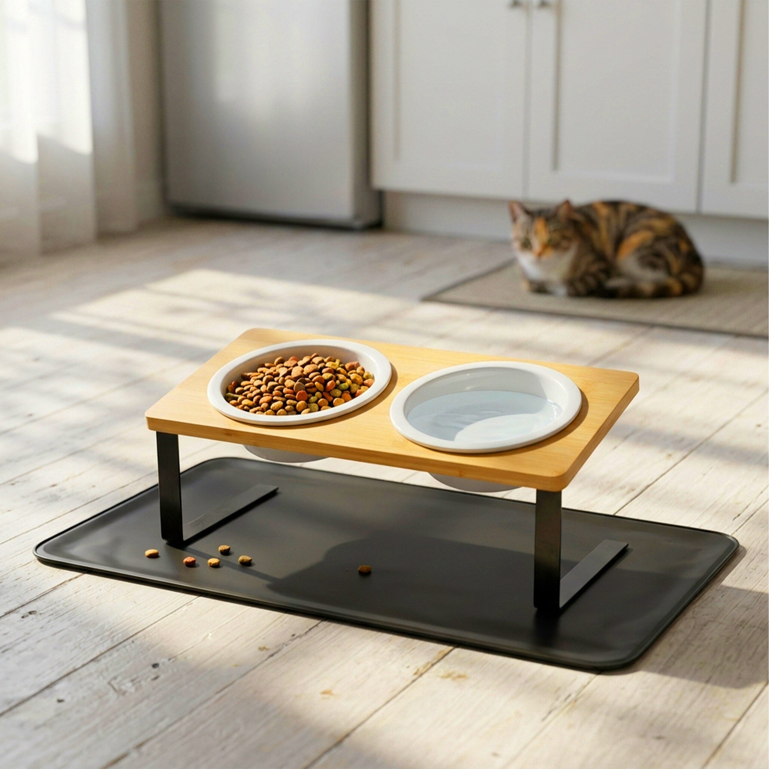 Erhöhter Futternapf und Wassernapf auf einem Ständer mit schwarzer Unterlage im hellen Raum; im Hintergrund liegt eine Katze.