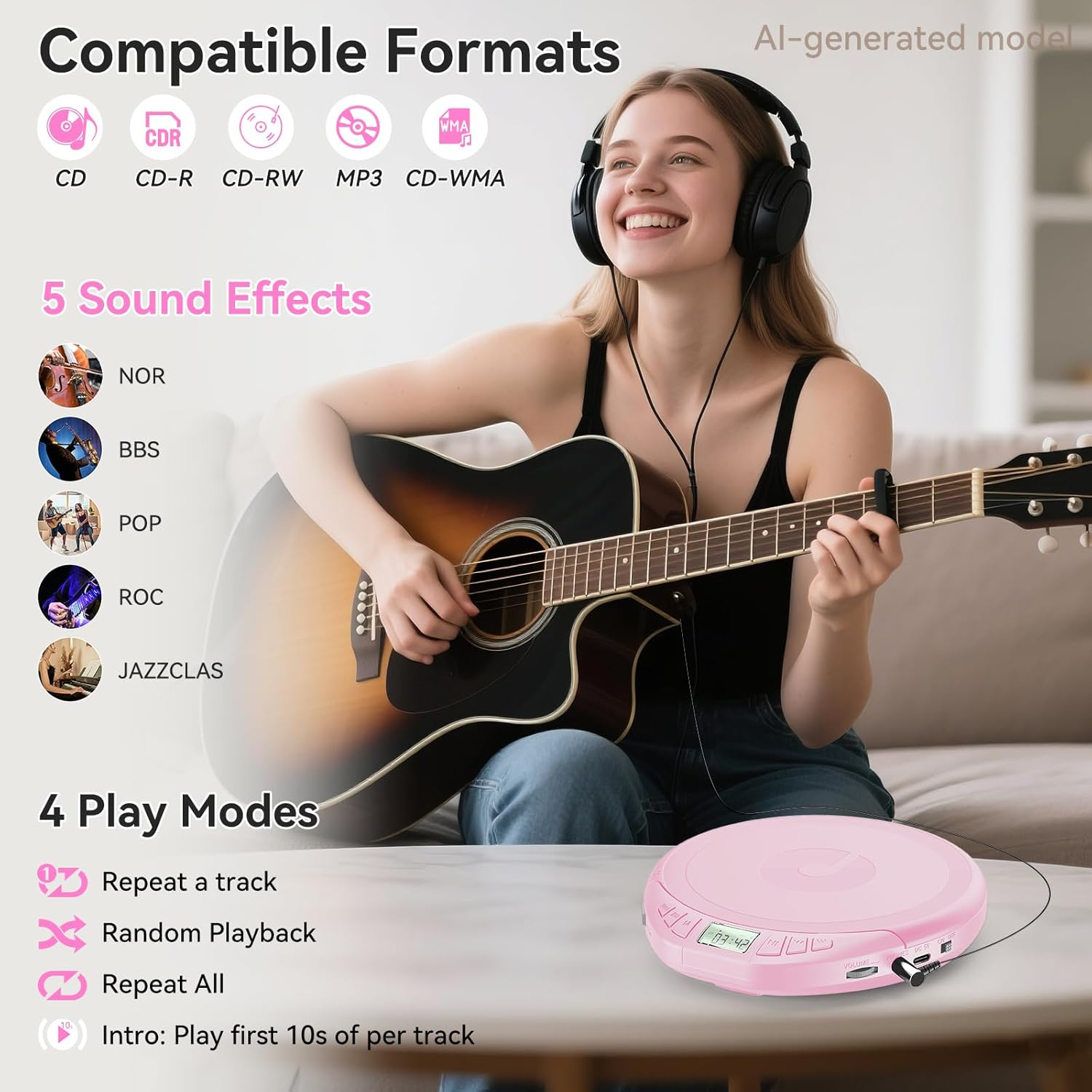 Eine blonde Frau mit Kopfhörern sitzt auf einem Sofa und spielt Akustikgitarre neben einem pinken CD-Player.