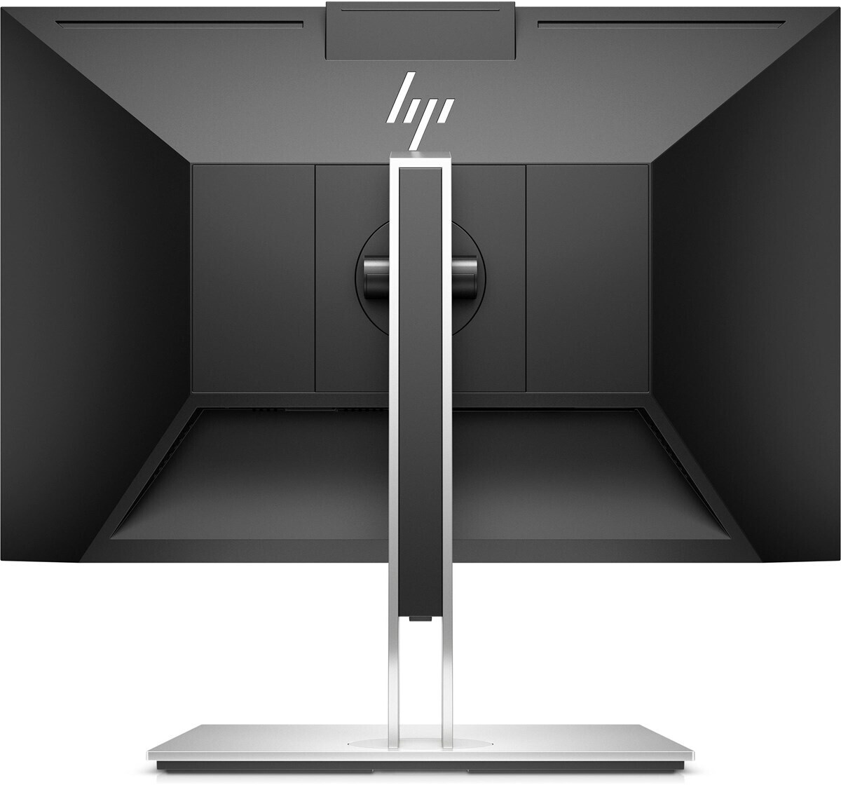 Widok z tyłu czarnego monitora HP ze srebrną podstawą i logo.