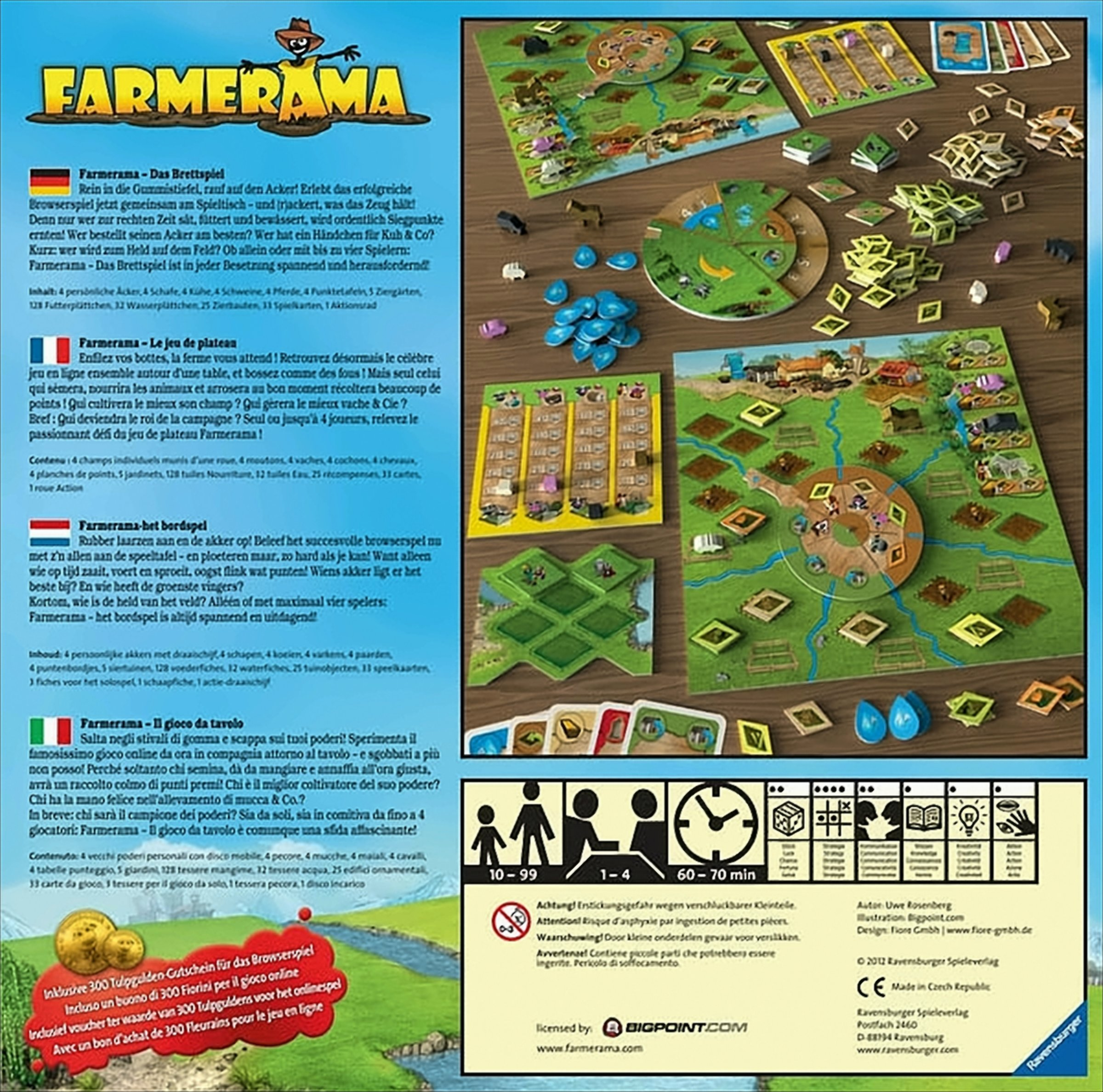 Farmerama Brettspiel-Rückseite mit Anleitung, Spielplan und bunten Plättchen auf einem Holztisch.