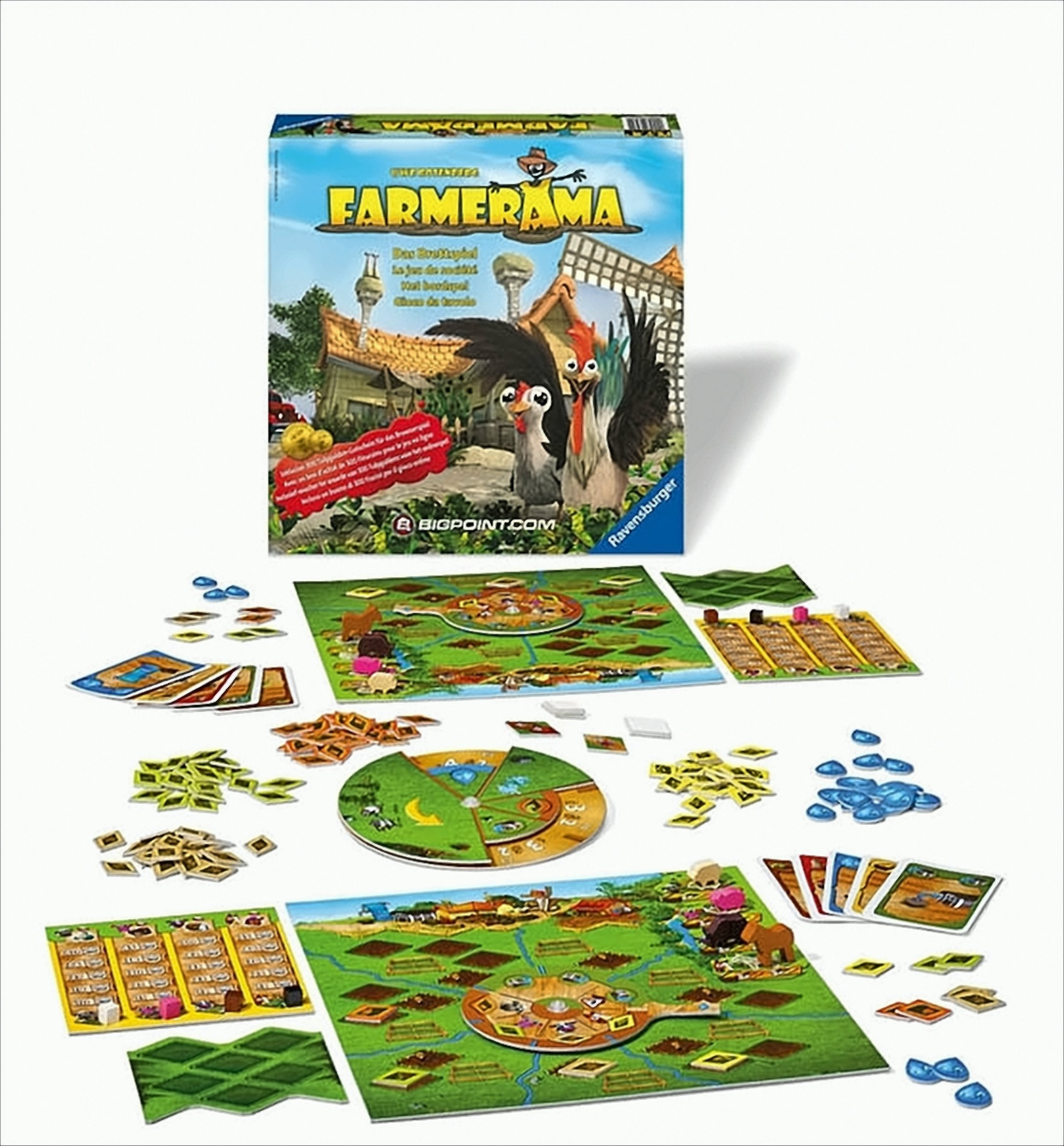Farmerama Brettspiel mit Schachtel, Spielbrettern, Karten, Plättchen und Spielfiguren auf weißem Hintergrund.
