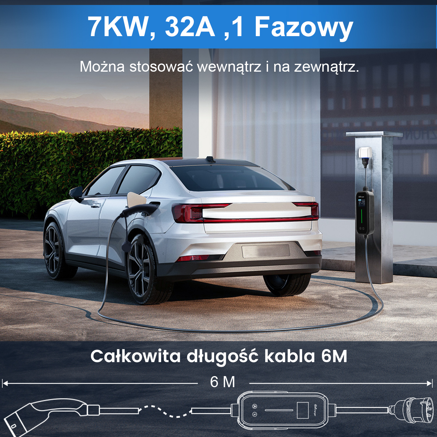 Srebrny samochód elektryczny ładuje się ze stacji z kablem 6m na zewnątrz.