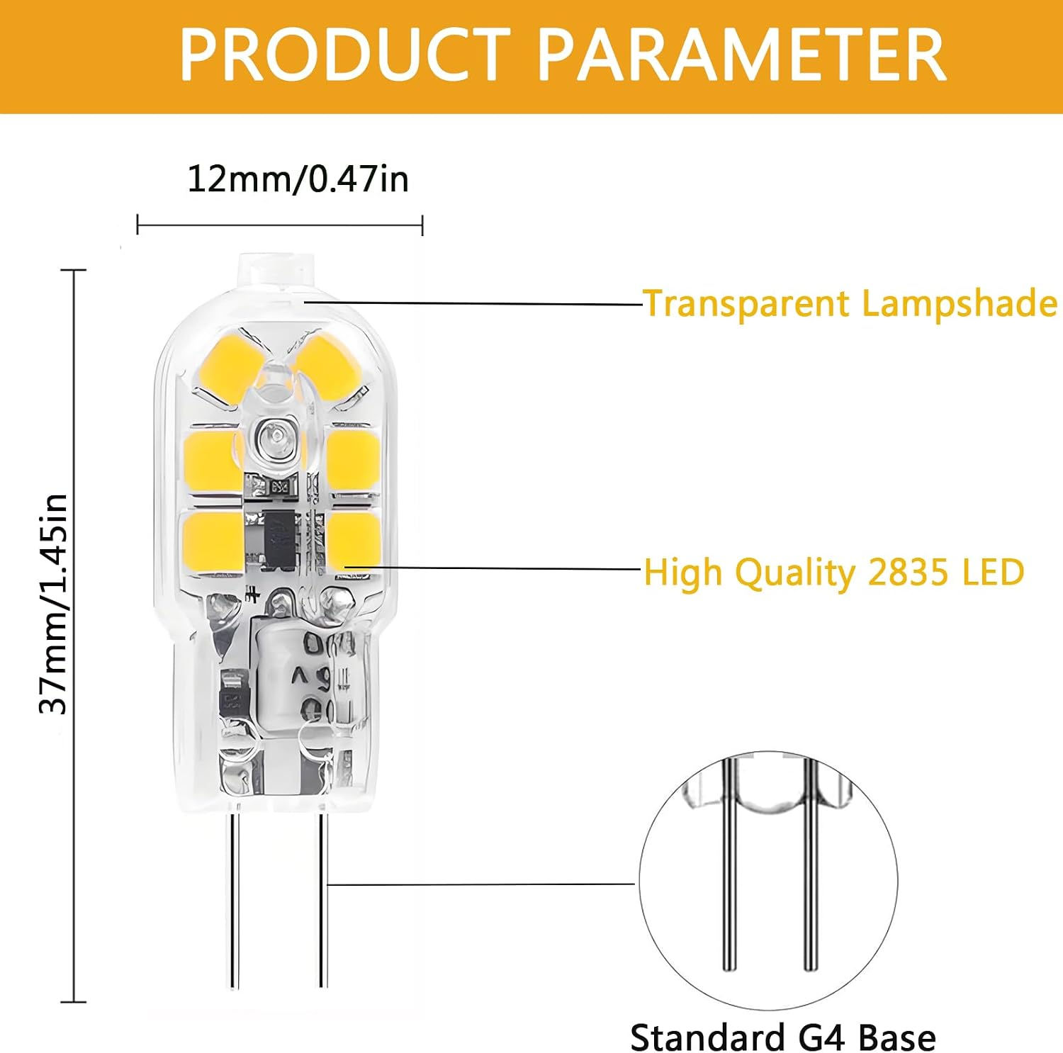 LED-Glühbirne mit Abmessungen, transparentem Schirm, LEDs und G4-Sockel.
