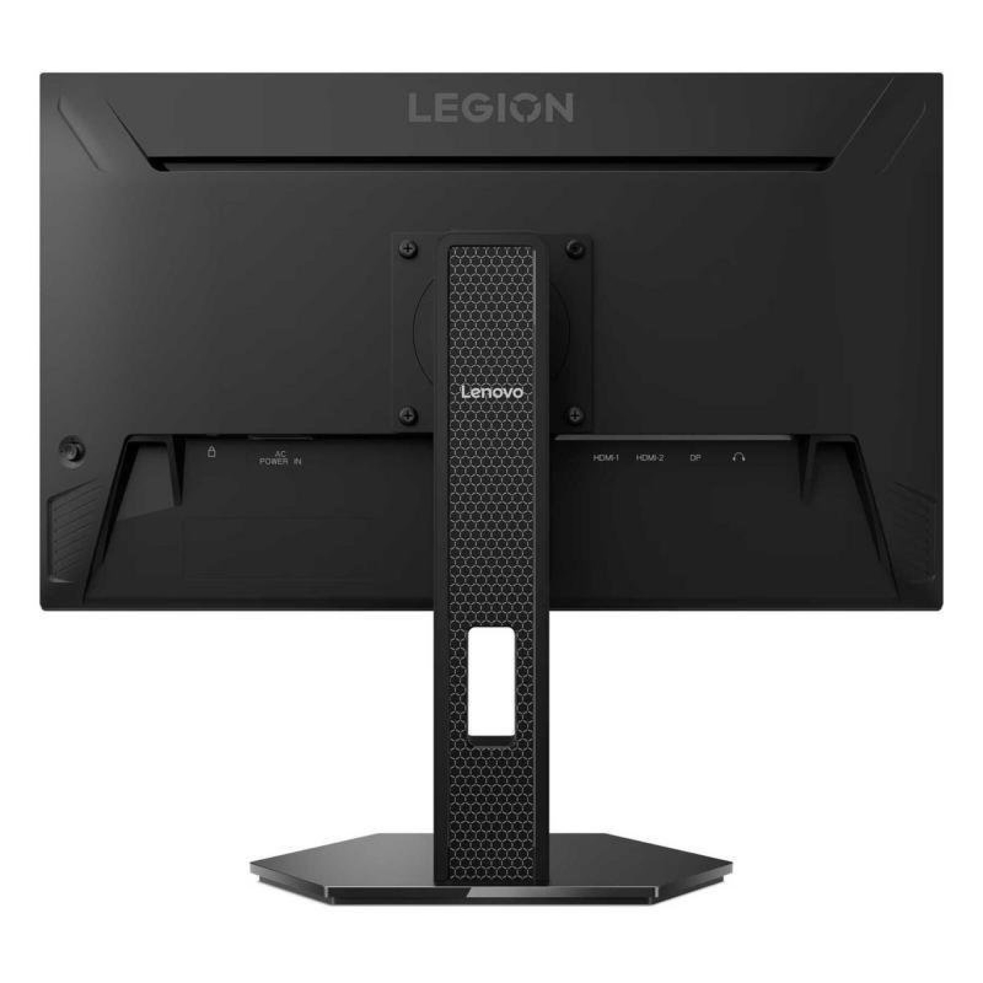 Retro di un monitor nero Lenovo Legion con supporto e porte visibili.