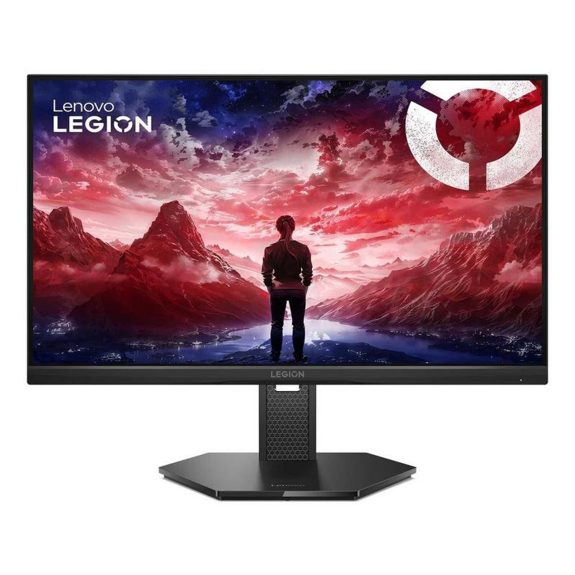 Monitor da gioco Lenovo Legion con paesaggio montano rosso e sfondo di giocatore.