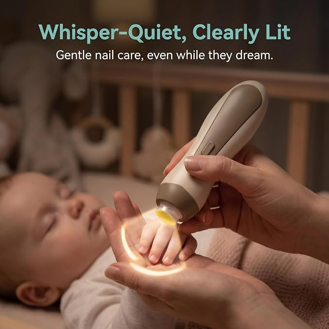Eine Hand benutzt ein beleuchtetes elektrisches Nagelpflegegerät für die Fingernägel eines schlafenden Babys.