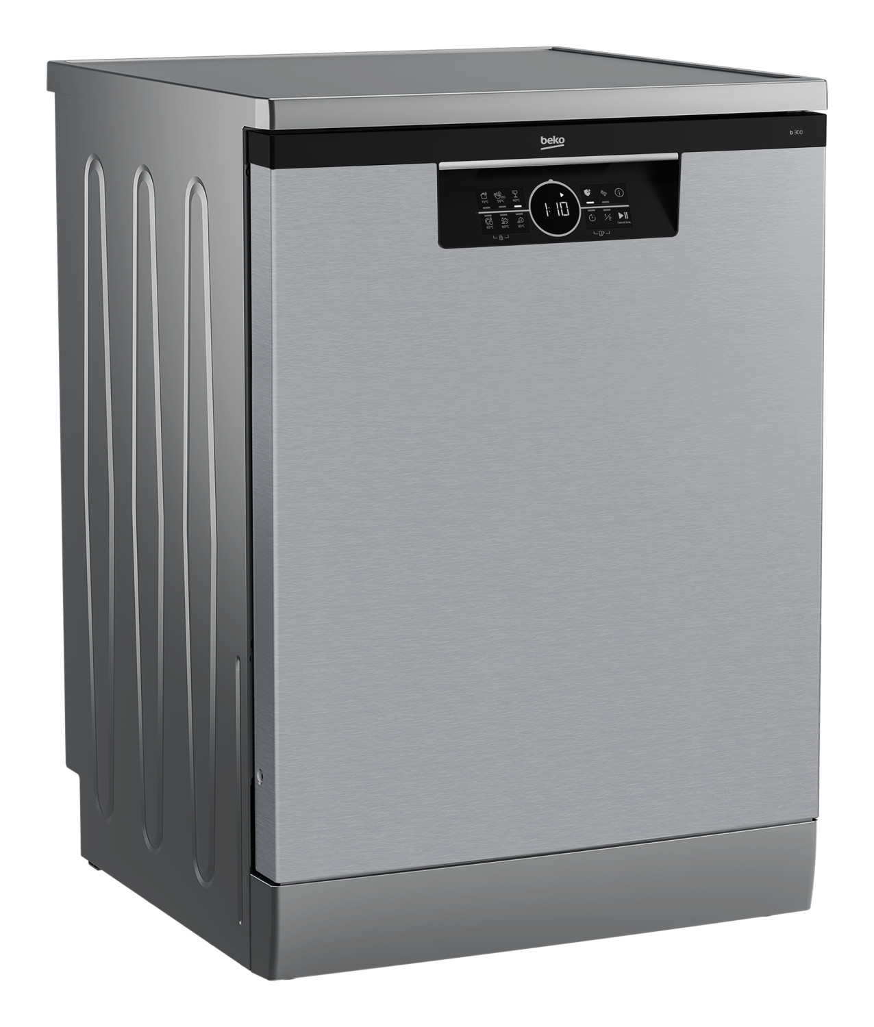 Lavastoviglie Beko argento indipendente con pannello di controllo digitale e frontale in acciaio inox.