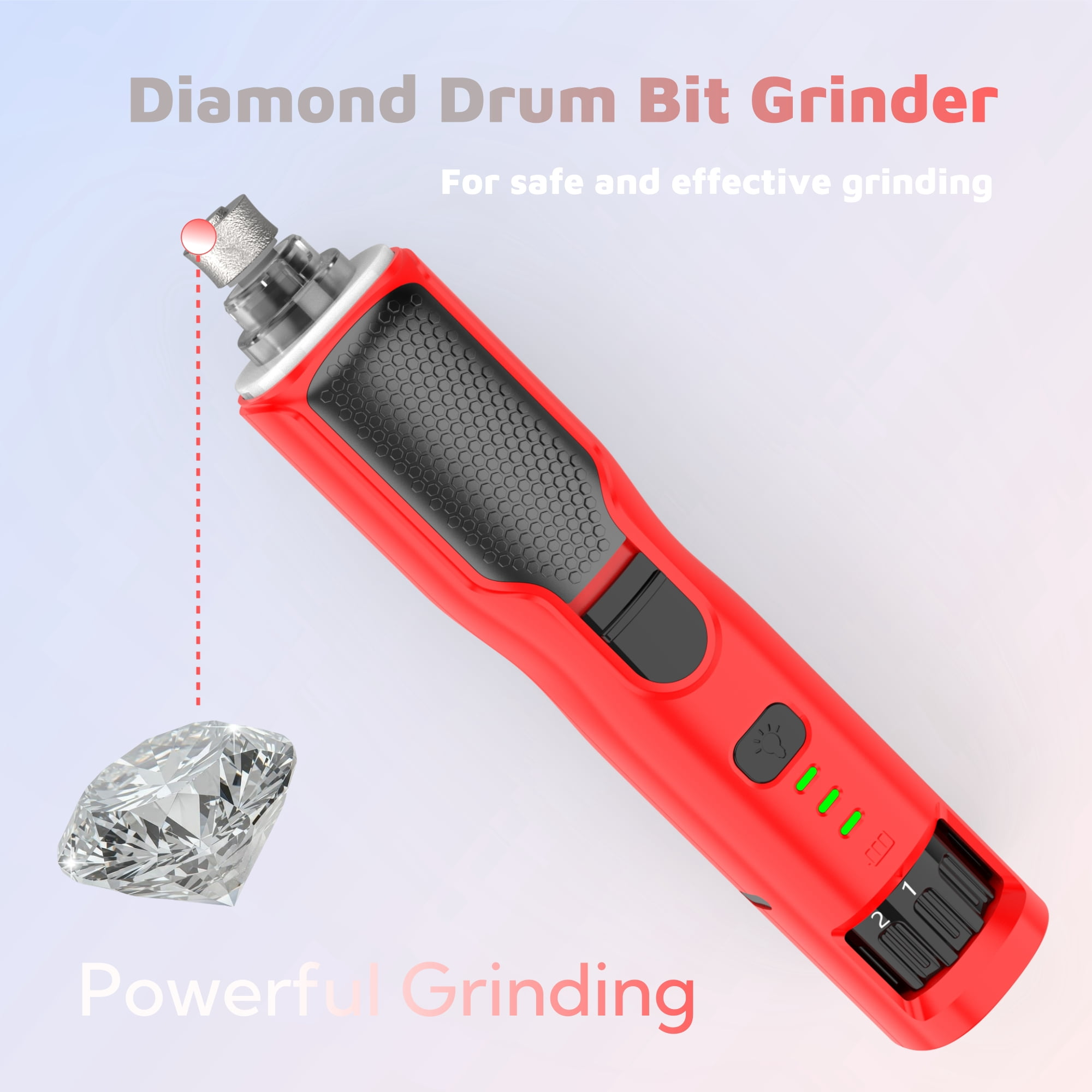 Roter Diamant Trommelbit Schleifer mit schwarzem Griff und Text.