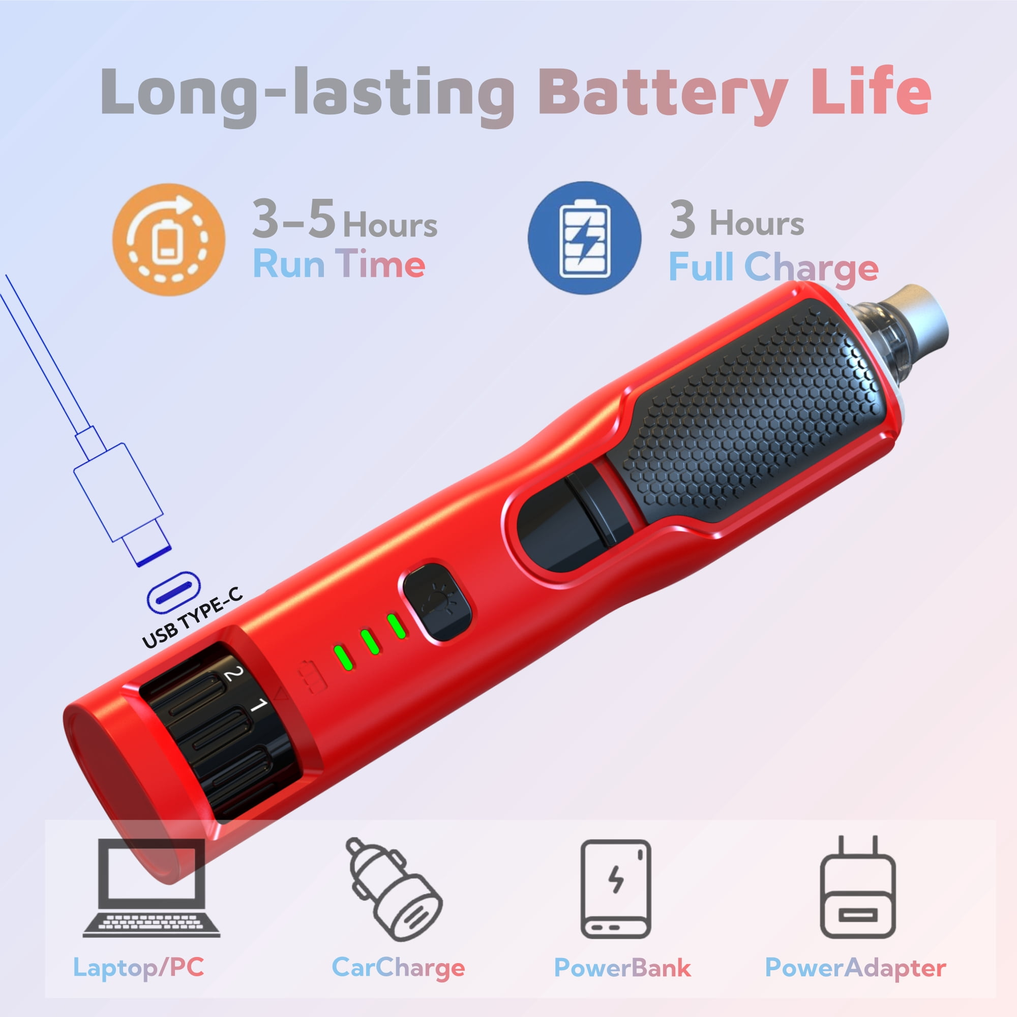 Ein rotes wiederaufladbares Gerät mit USB-C-Anschluss, Akkulaufzeit und Ladeoptionen.