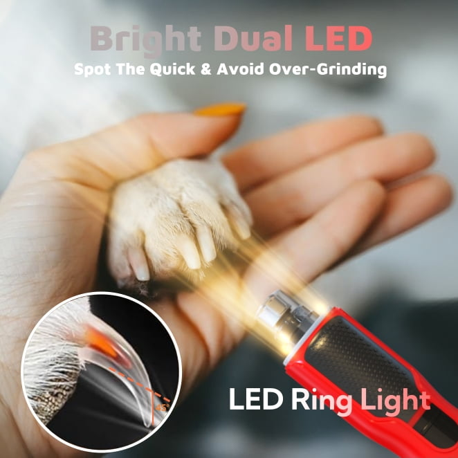 Eine Hand hält eine Hundepfote, während ein roter Nagel Schleifer mit LED Licht die Nägel trimmt.