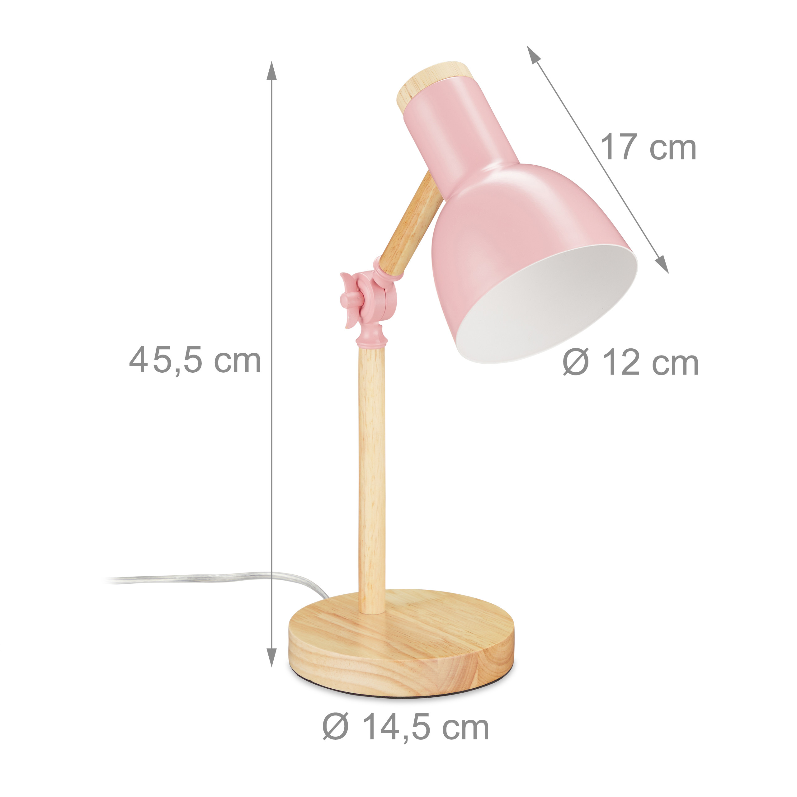 Rosa und hölzerne Schreibtischlampe mit angegebenen Maßen.