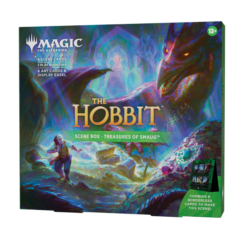 Magic: The Gathering The Hobbit Scene Box mit Smaug der Drache und einem kleinen Charakter auf Schätzen.