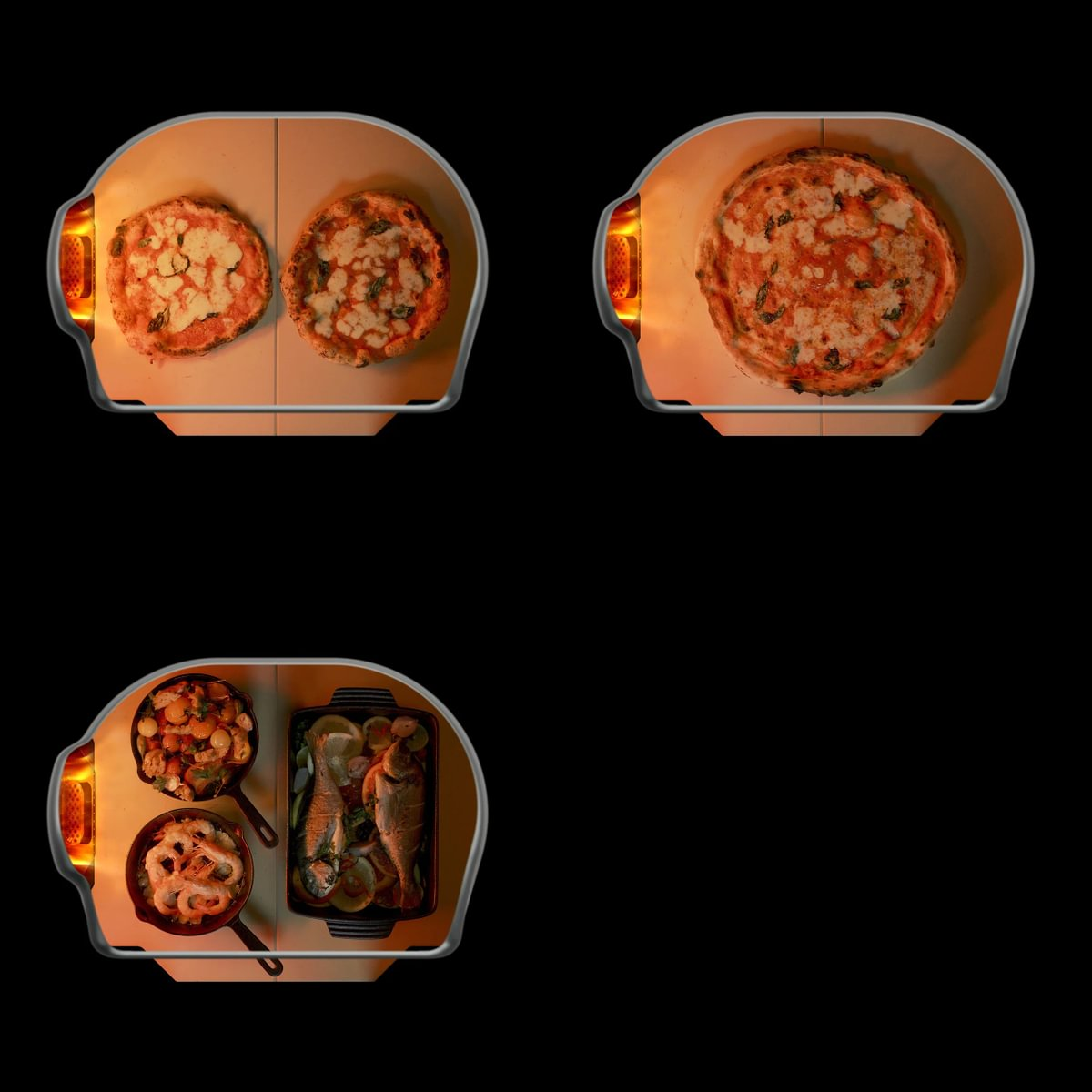 Draufsicht auf Pizzen und Pfannen mit Meeresfrüchten und Fisch, die in einem glühenden Ofen backen.
