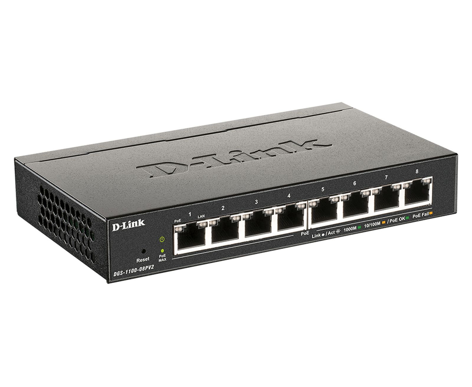 Ein schwarzer D-Link DGS-1100-08PV2 Netzwerk-Switch mit acht LAN-Anschlüssen.