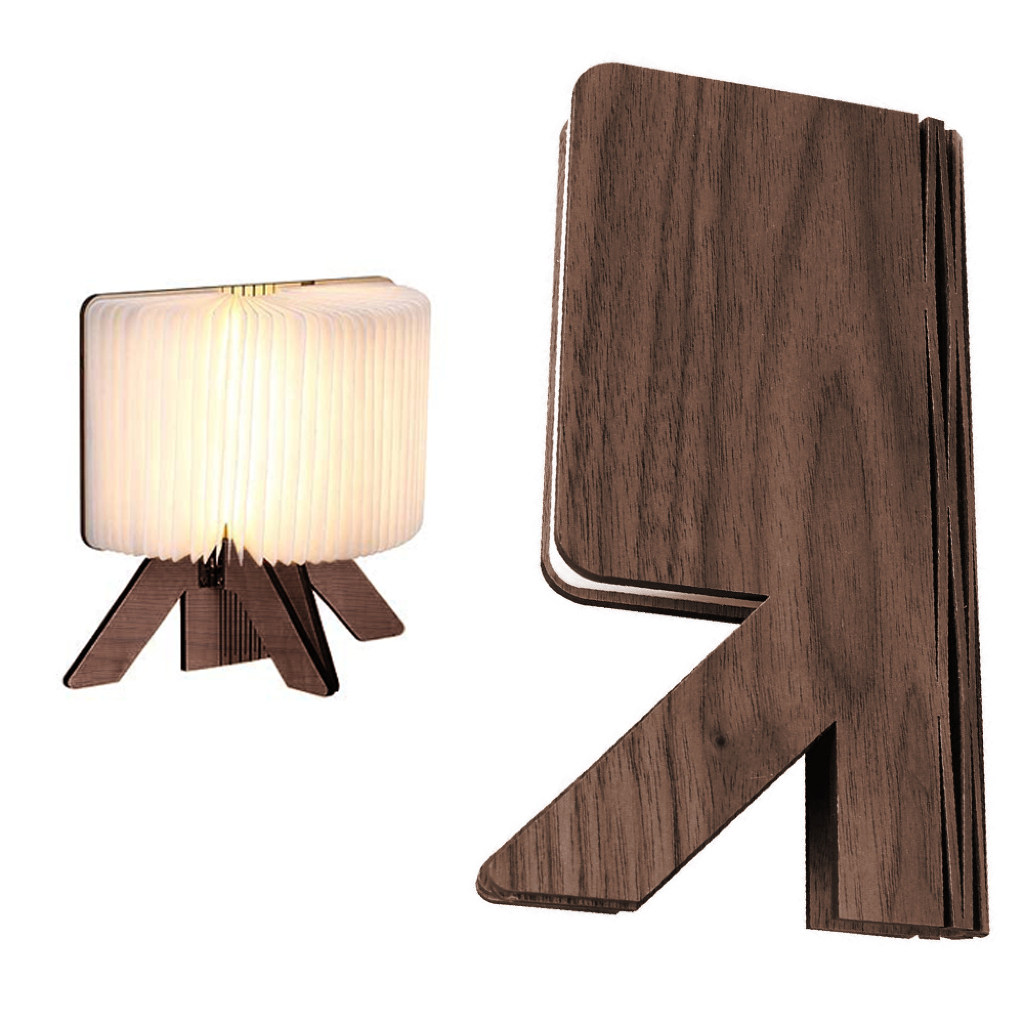 Eine faltbare Holzlampe, beleuchtet auf einem Ständer, rechts im geschlossenen Zustand.