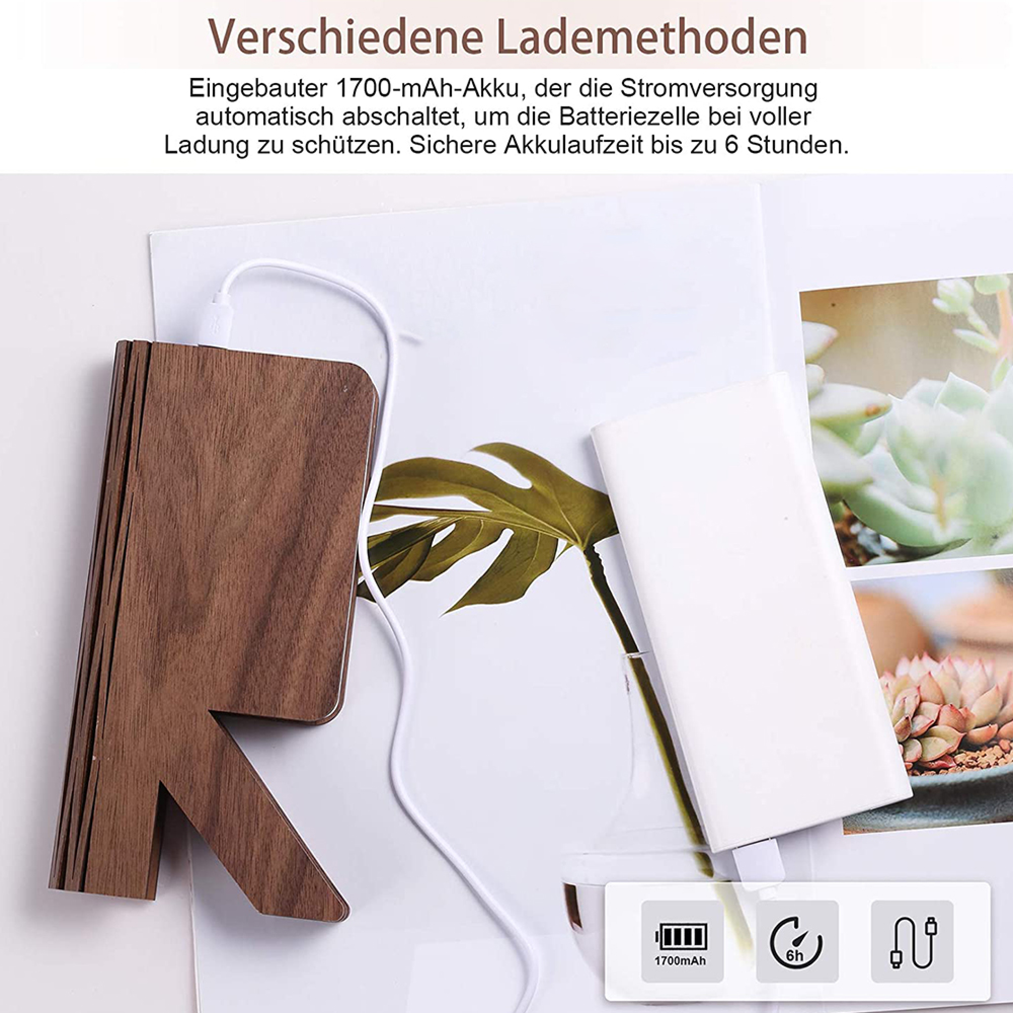 Eine hölzerne buchartige Lampe verbunden mit einer weißen Powerbank auf einer Magazineseite.