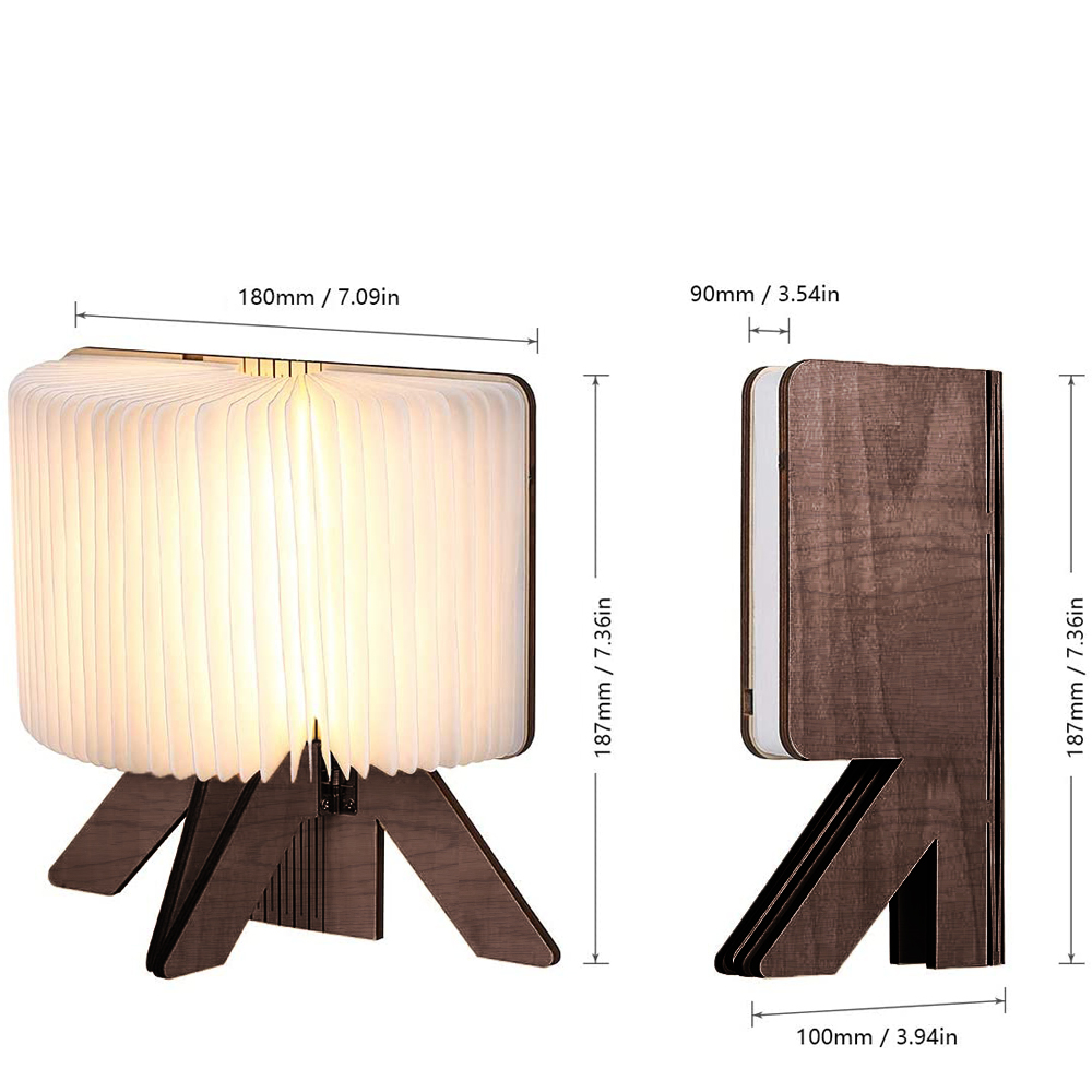 Diagramm einer zusammenklappbaren Holztischlampe mit Abmessungen aus zwei Perspektiven.