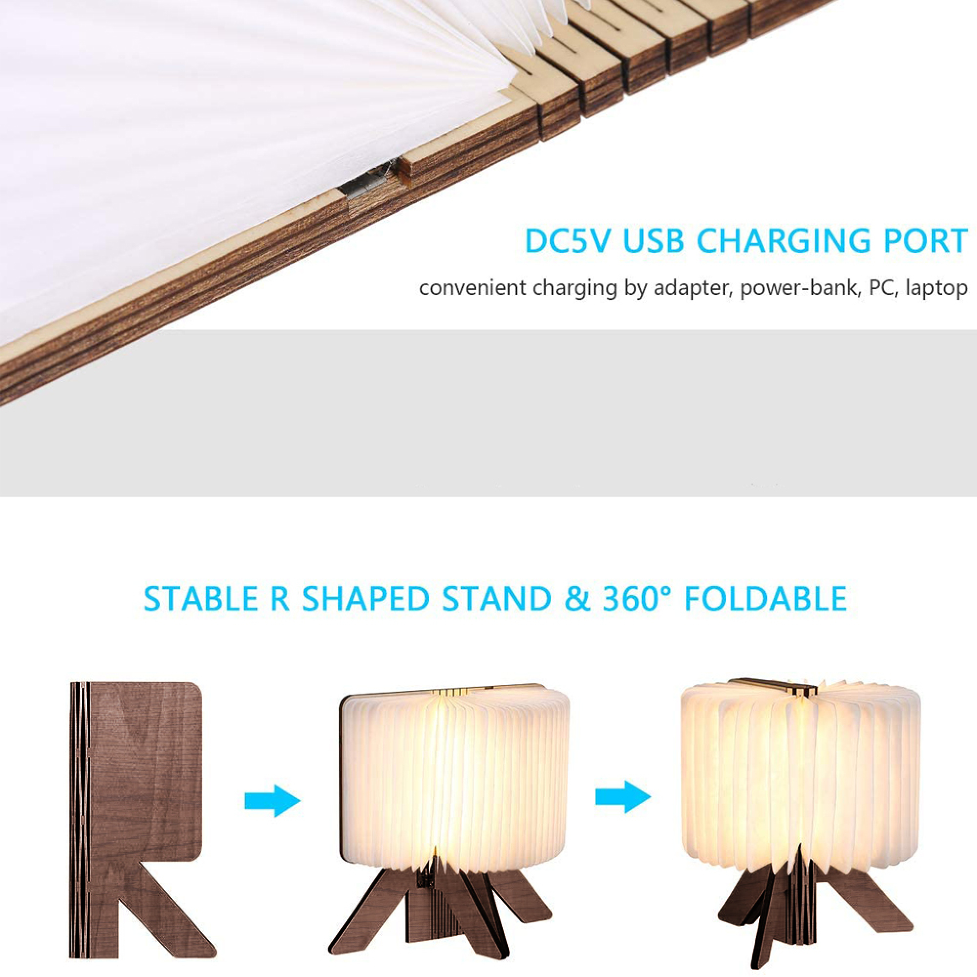 Holzlampe mit USB-Anschluss, die sich wie ein Buch 360 Grad falten lässt und auf einem stabilen Standfuß steht.