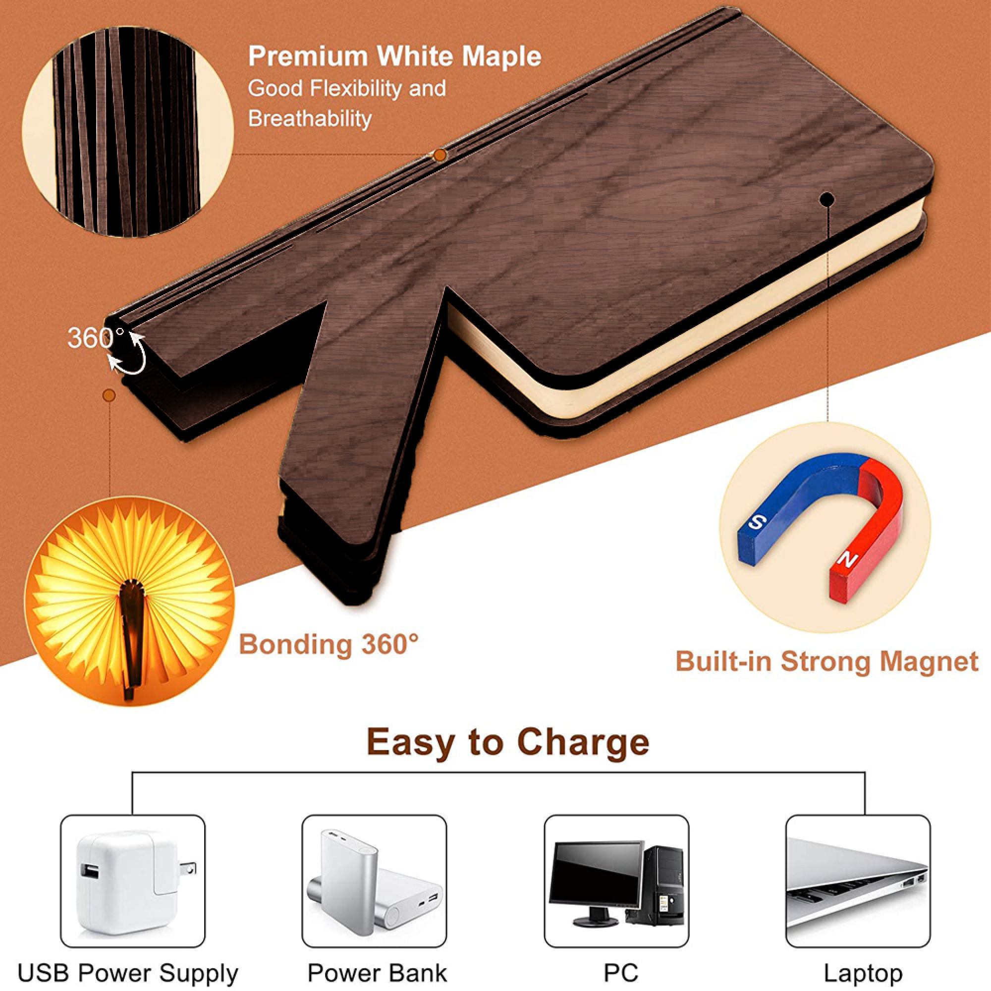 Eine holzfarbene bucförmige Lampe mit 360-Grad-Faltung, Magneten und Ladeoptionen über USB, Powerbank, PC und Laptop.