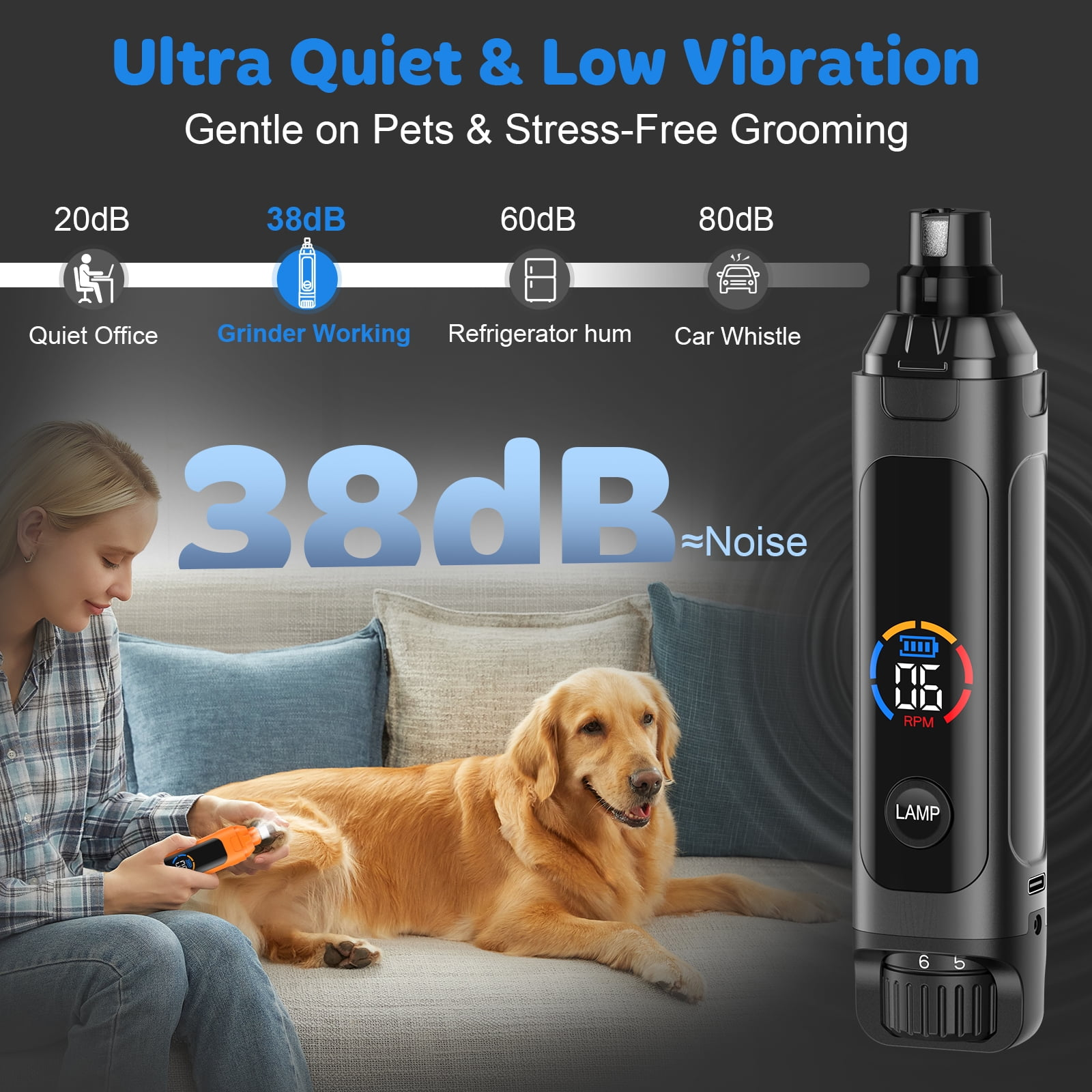 Eine Frau benutzt einen leisen Nagelchleifer für die Pfote eines Golden Retrievers bei 38 dB.