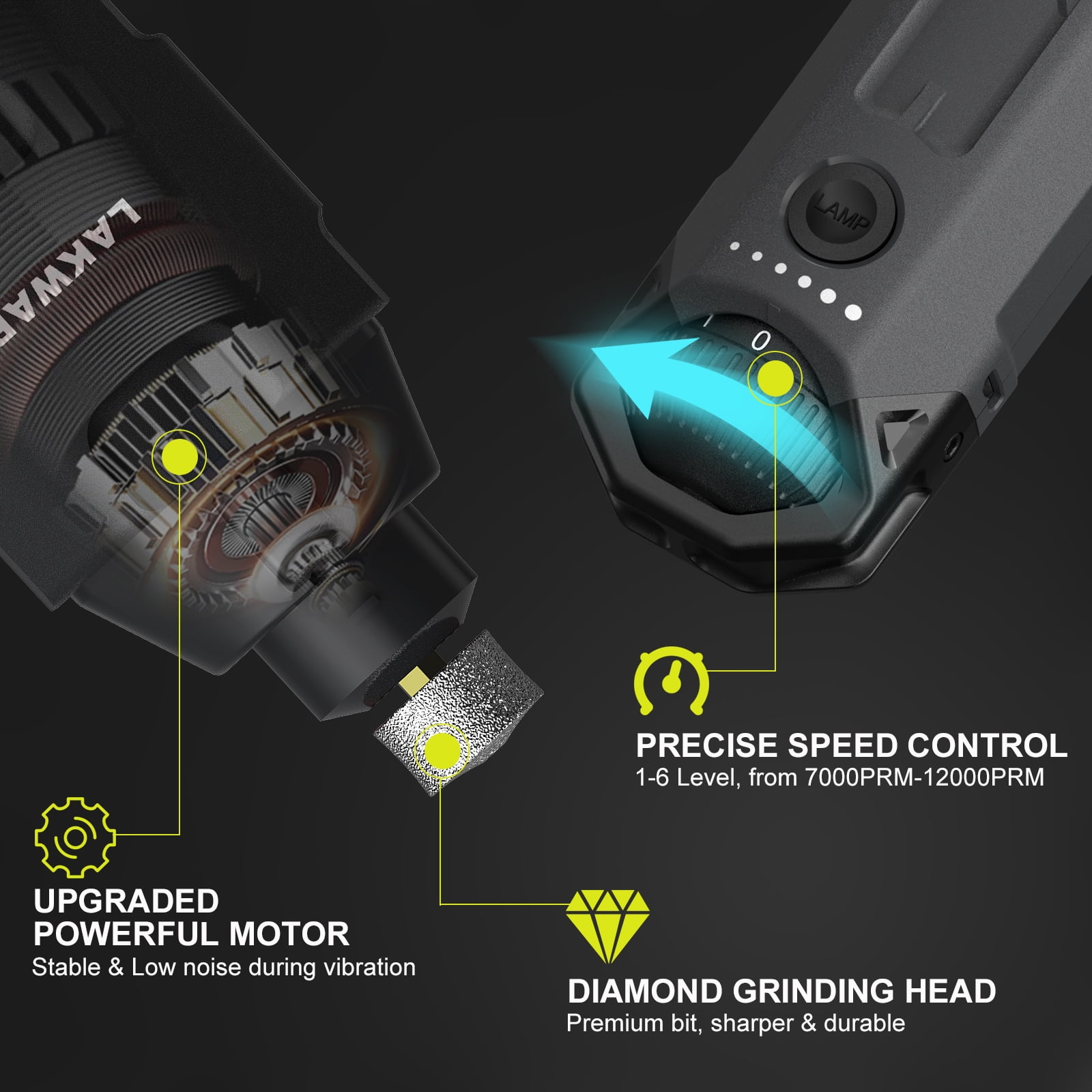 Nahaufnahme eines Rotationswerkzeugs mit starkem Motor, Geschwindigkeitsregler und Diamantschleifkopf.