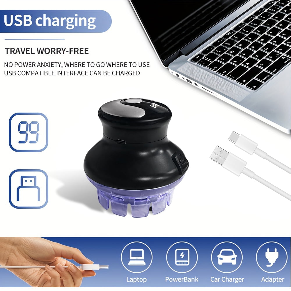 Ein schwarzes Massagegerät mit Digitaldisplay, USB-Kabeln und Symbolen für Laptop, Powerbank, Auto-Ladegerät und Adapter.