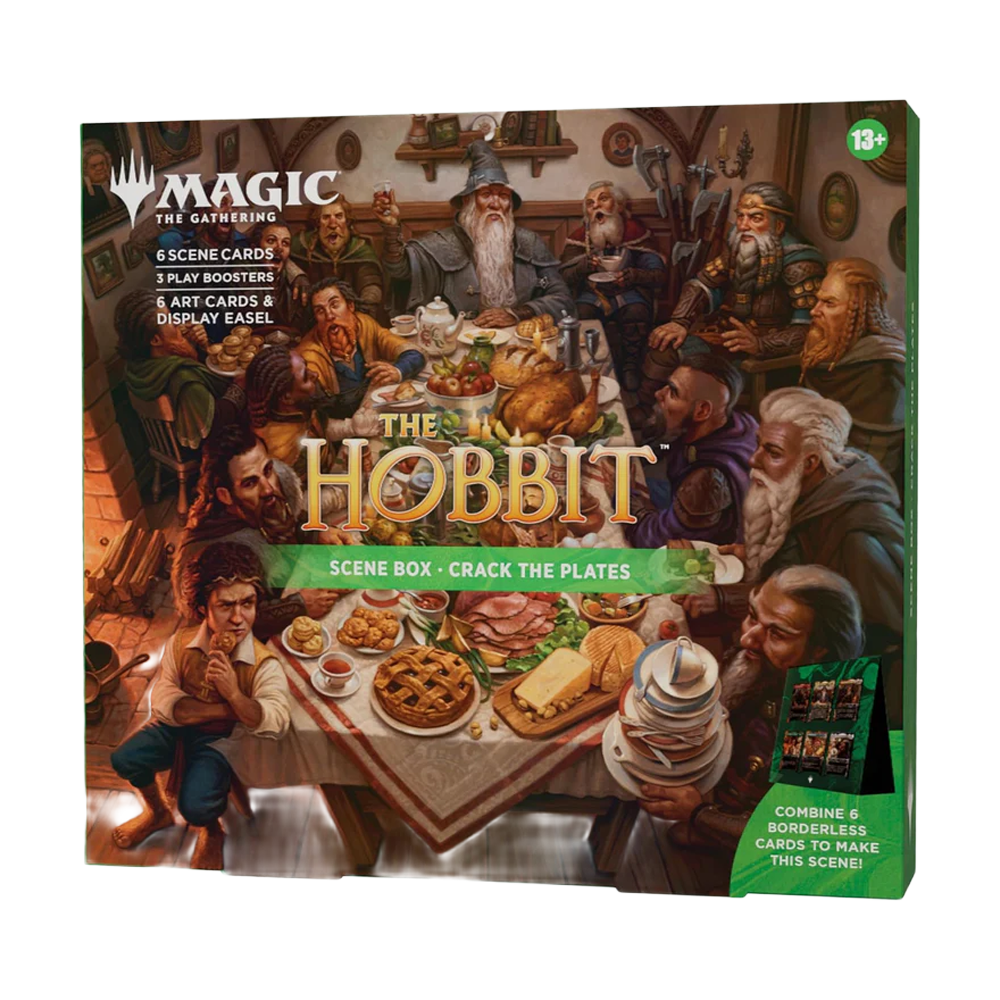 Magic: The Gathering The Hobbit Scene Box mit Figuren am Festmahlstisch.