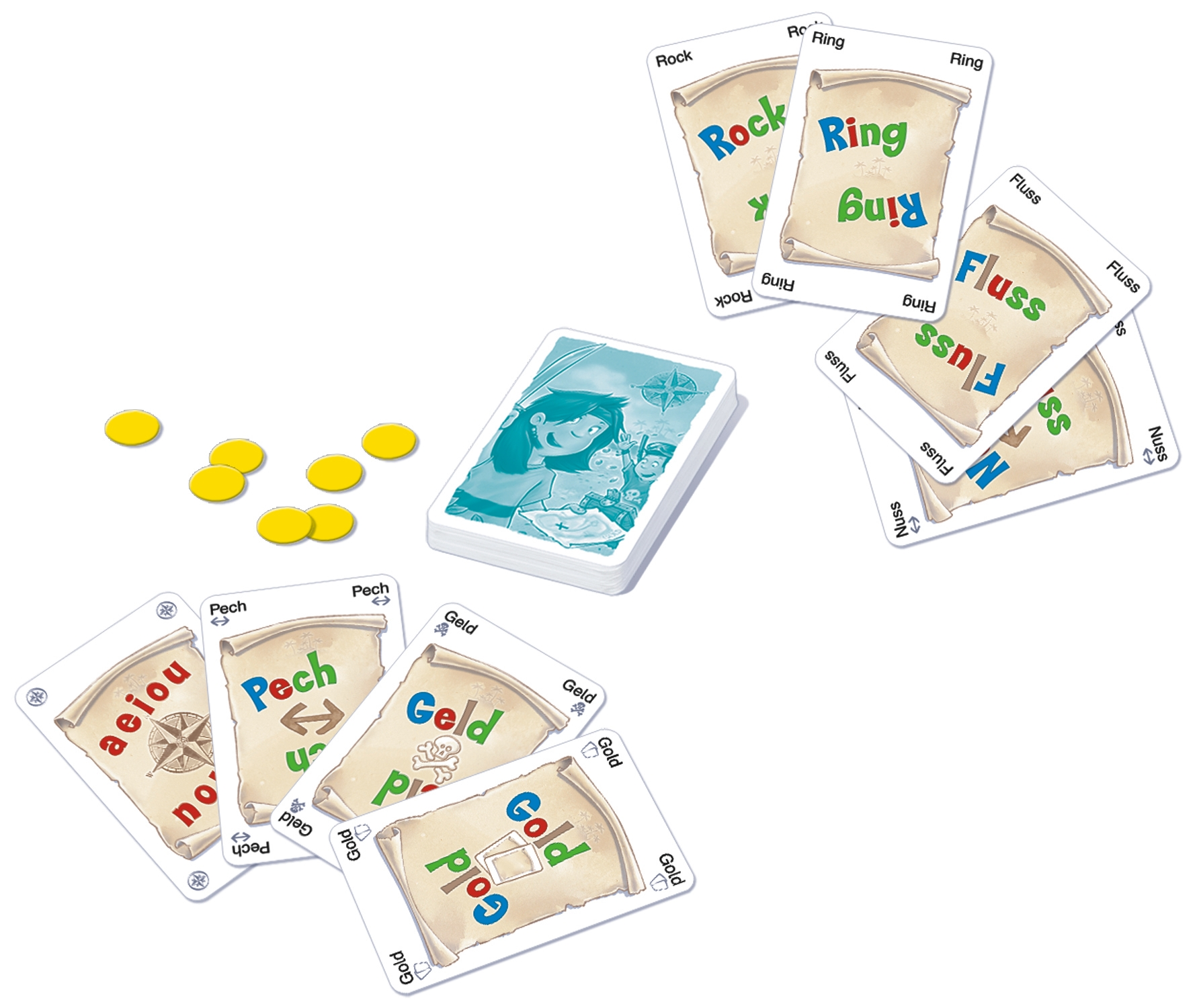 Kartenspiel mit bunten Wörtern wie Gold und Fluss sowie gelben Münzen auf weißem Grund.