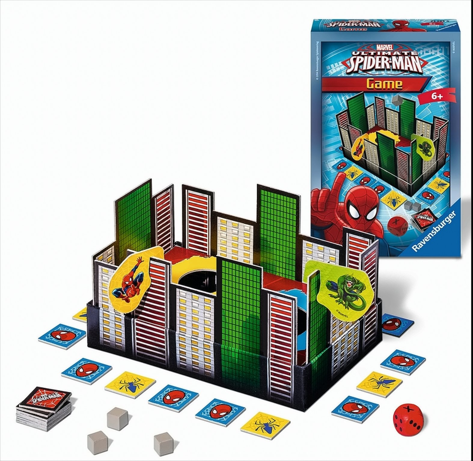 Ultimate Spider-Man Brettspiel mit Schachtel, 3D-Stadtwänden, Karten, Plättchen und einem roten Würfel.