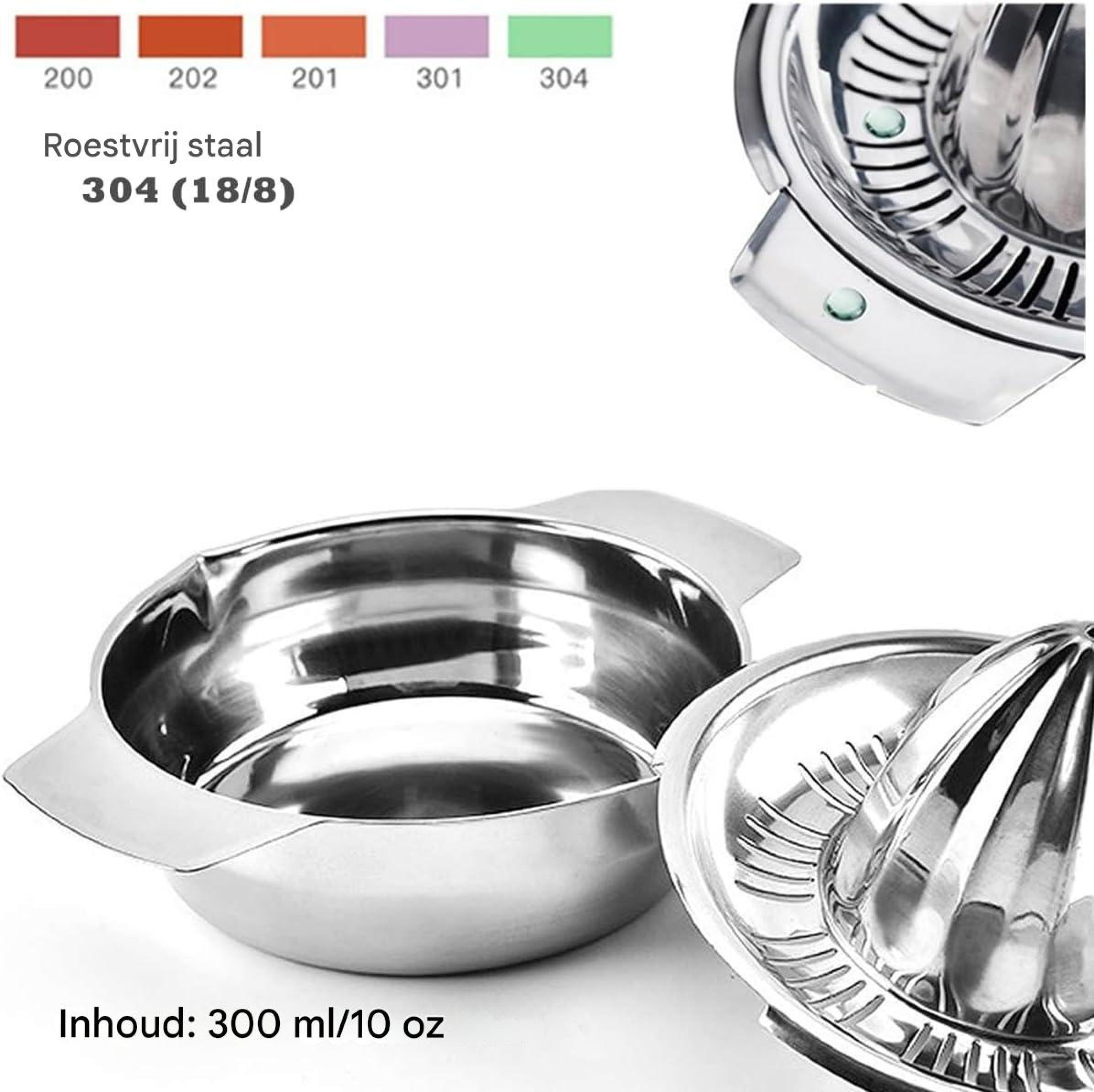 Edelstahl 304 Zitruspresse, 300 ml Fassungsvermögen, mit abnehmbarem Reifkegel und Behälter.