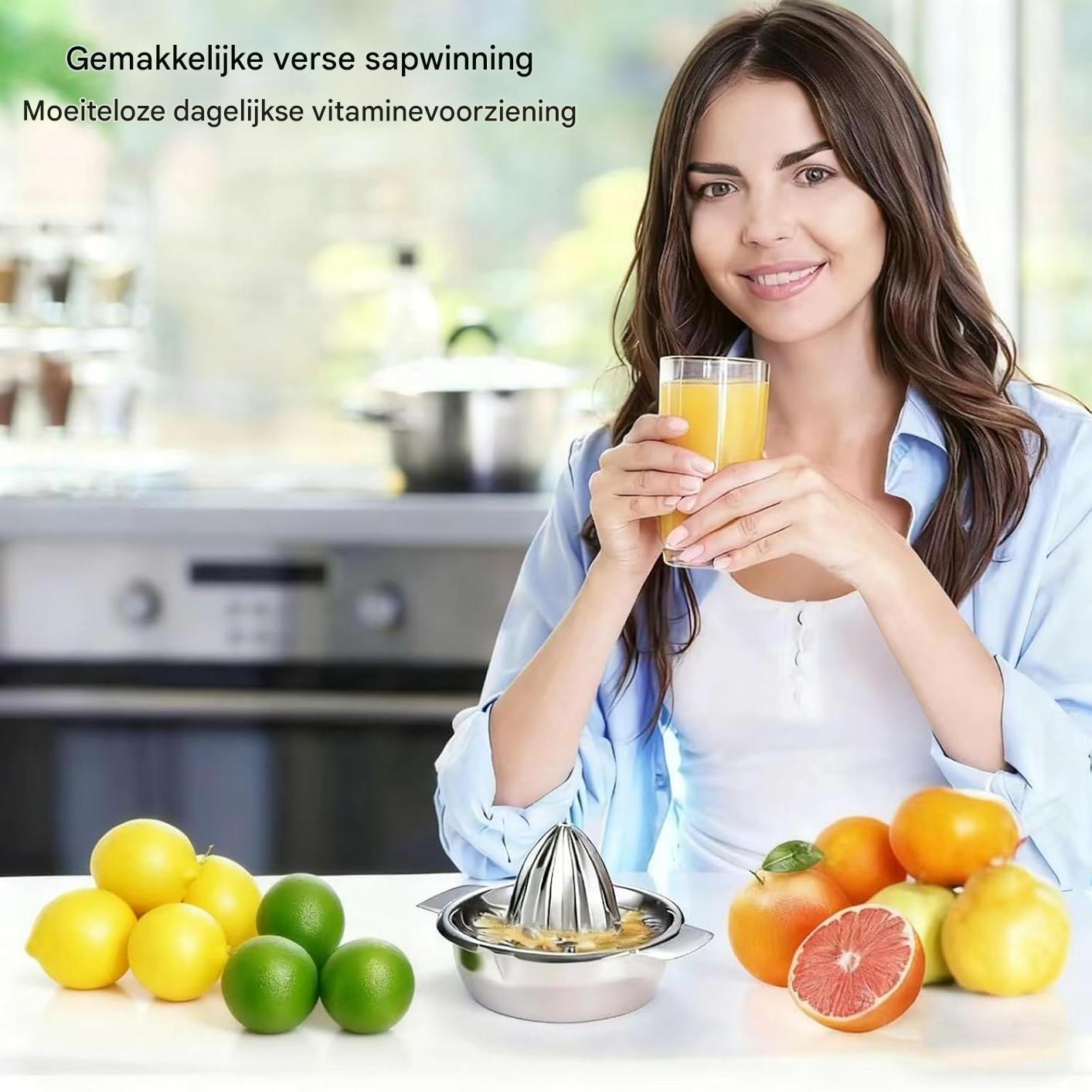 Eine Frau hält ein Glas Orangensaft in einer Küche mit Zitrusfrüchten und einer Saftpresse auf dem Tisch.