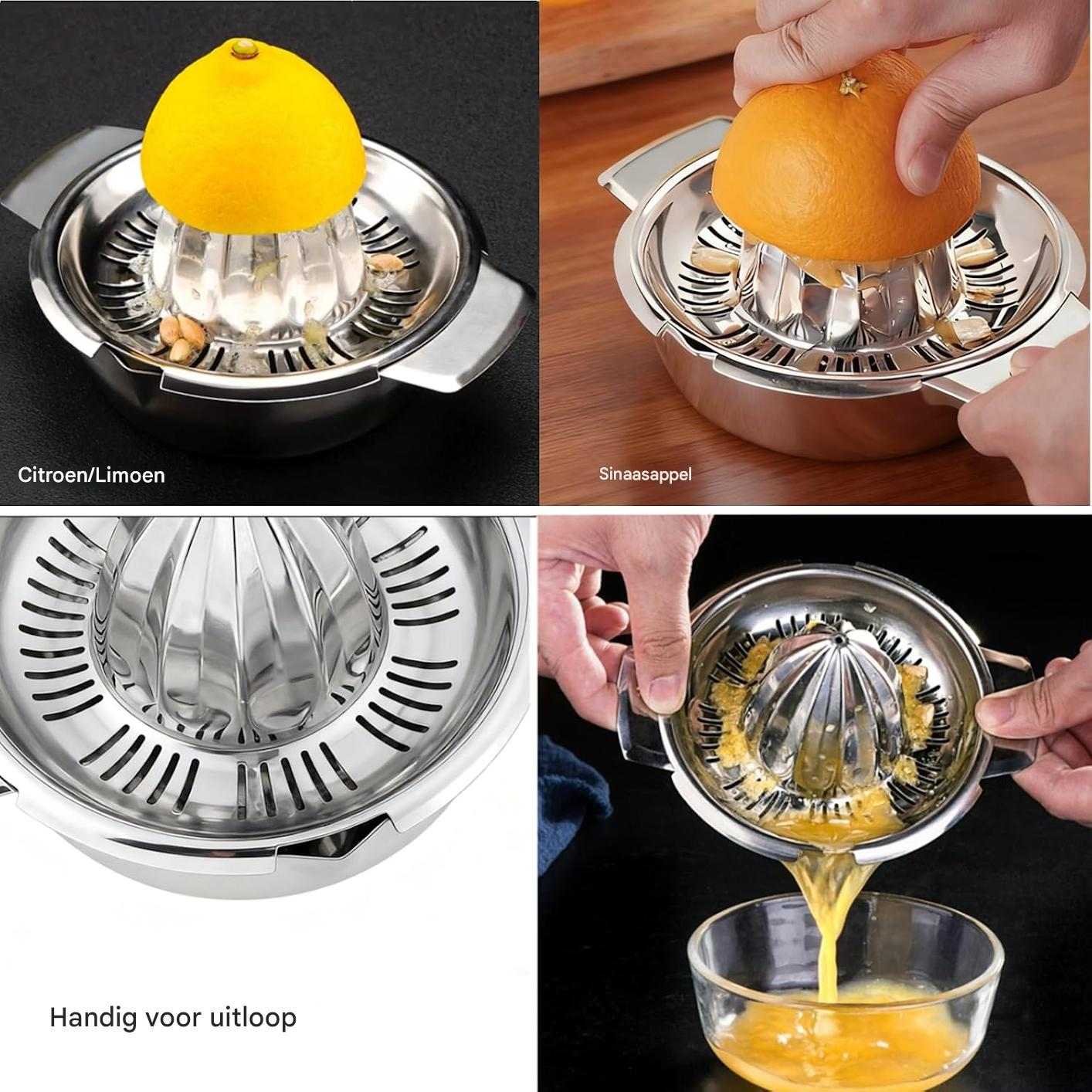Eine Zitruspresse aus Edelstahl presst eine Zitrone und eine Orange aus und gießt Saft in eine Schüssel.