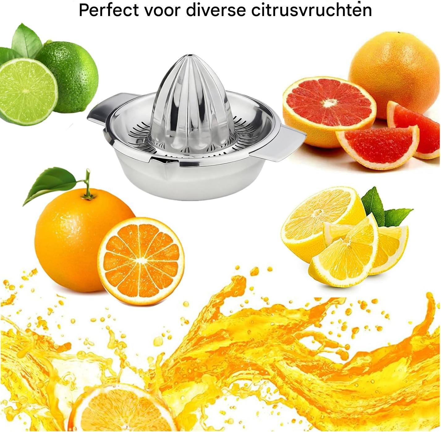 Eine Zitruspresse aus Edelstahl, umgeben von Zitronen, Limetten, Grapefruits und Orangensaftspritzern.