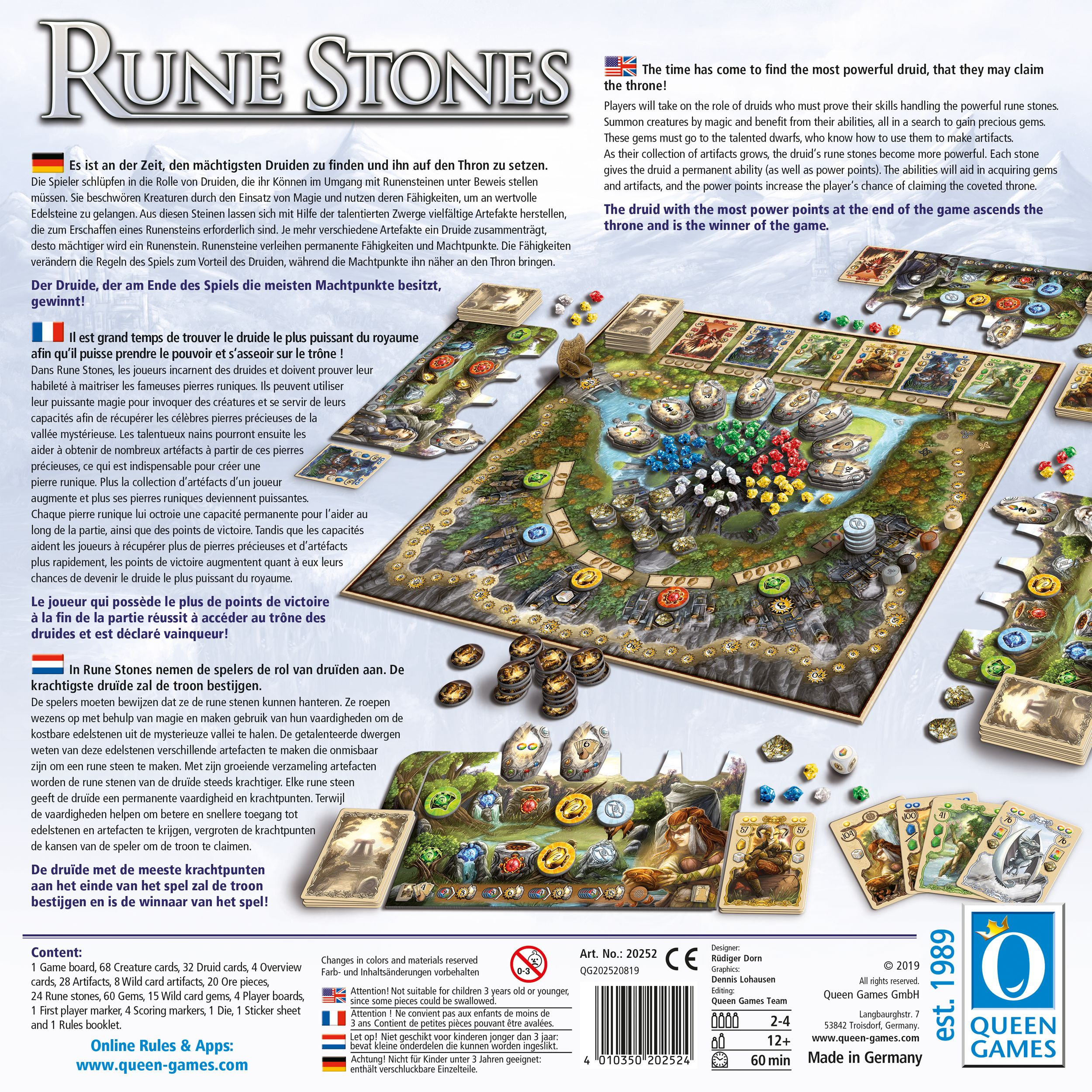 Rune Stones Brettspiel-Verpackung mit Karten, Spielsteinen, buntem zentralem Spielplan und Texten.