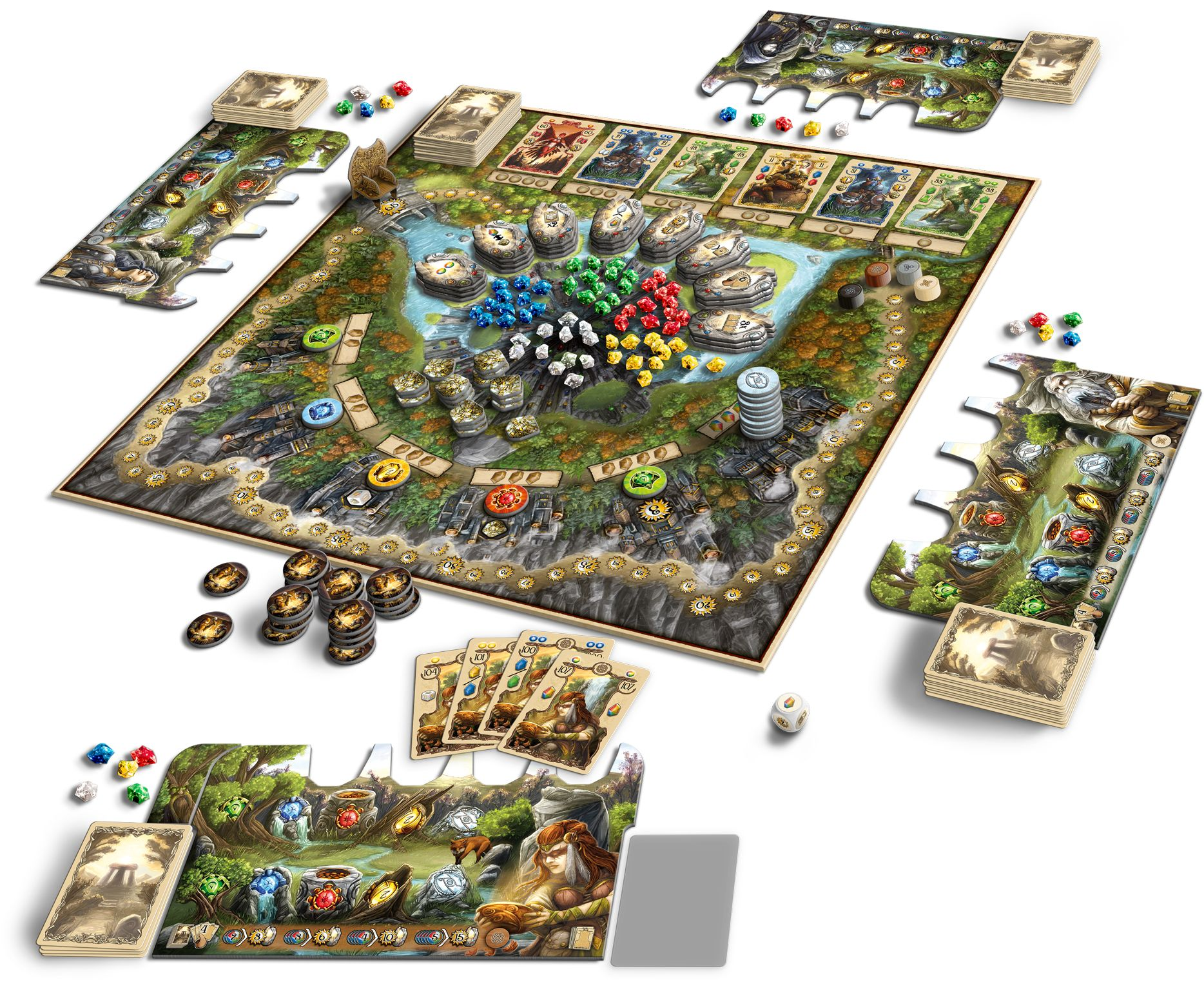 Ein Brettspiel mit buntem Spielbrett, Karten, Spielsteinen und Spielerboards auf weißem Hintergrund.