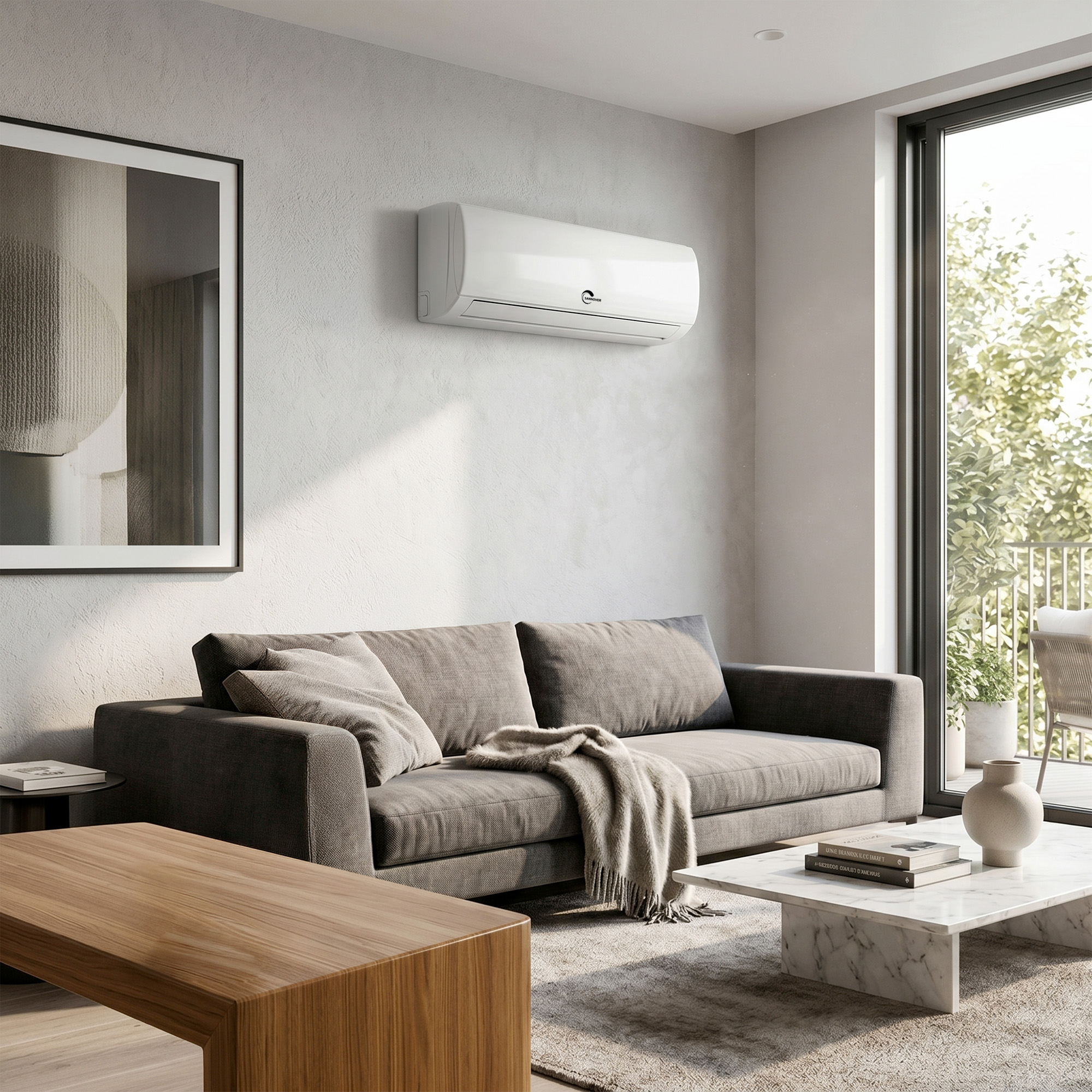 Moderne Wohnzimmer mit grauer Couch, weißer Klimaanlage an der Wand und hellem Holztisch.