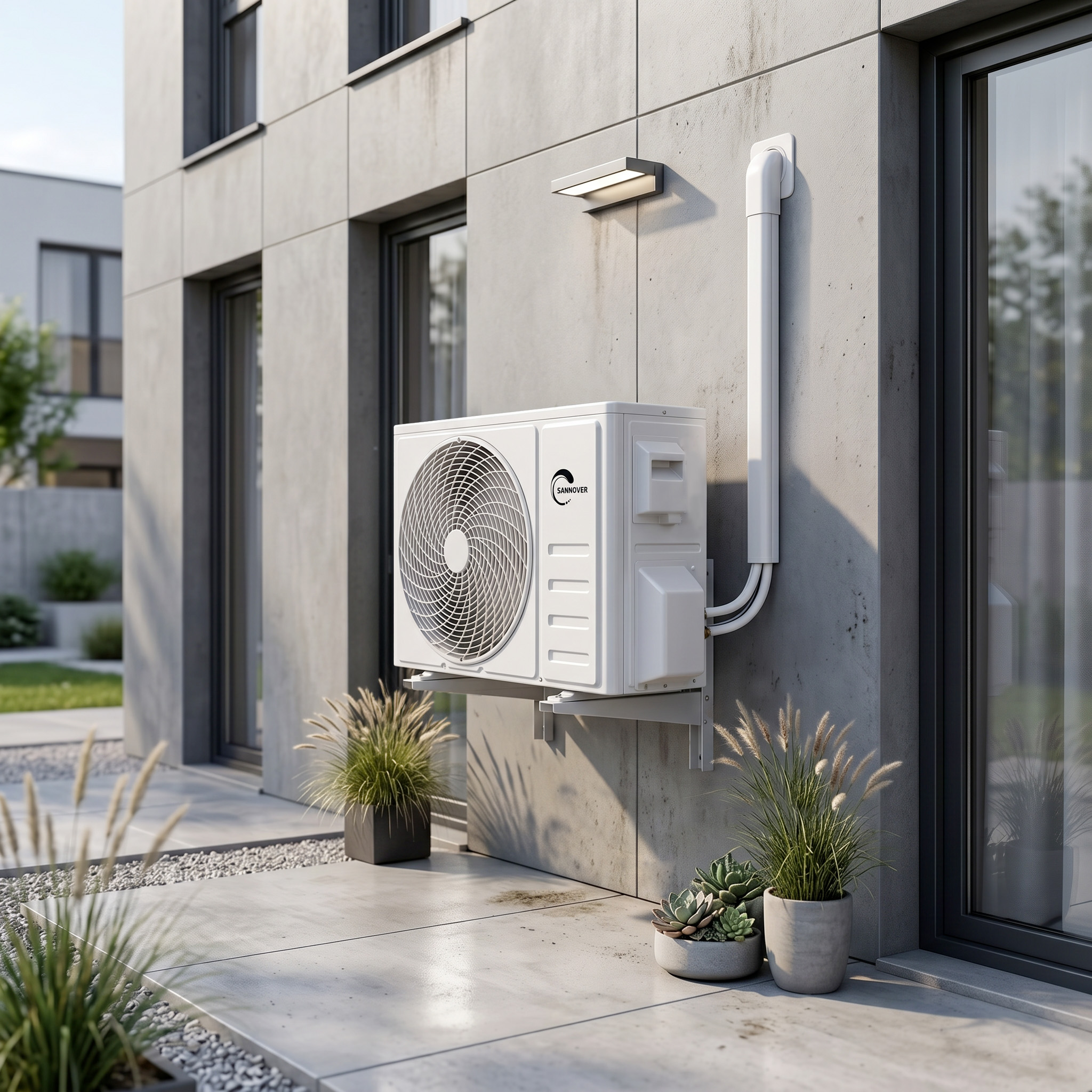 Eine weiße Wärmepumpe ist an der grauen Außenwand eines modernen Gebäudes montiert, mit Topfpflanzen auf der Terrasse.