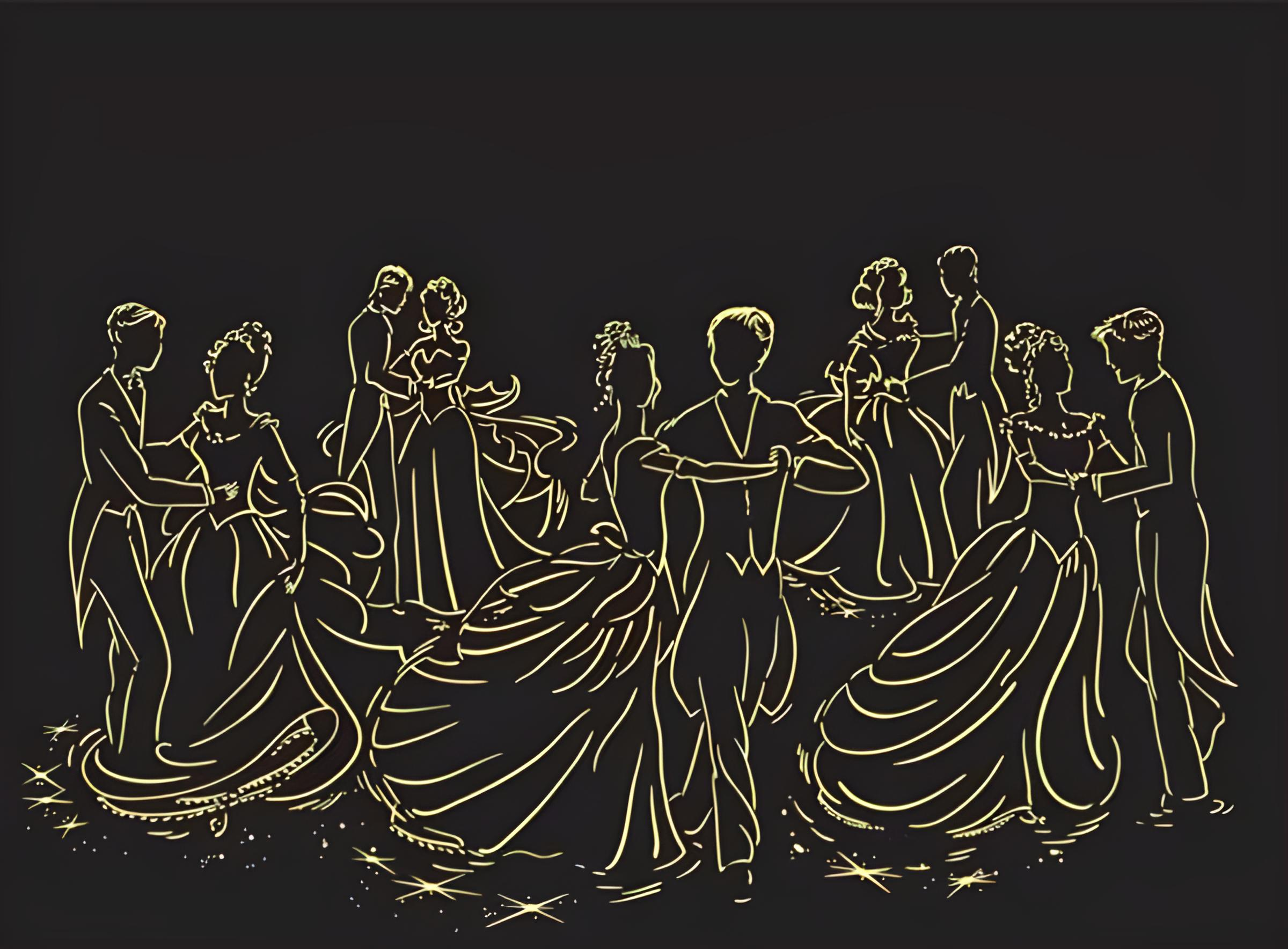 Goldene Linienzeichnung von Paaren im Ballkleid, die vor dunklem Hintergrund tanzen.