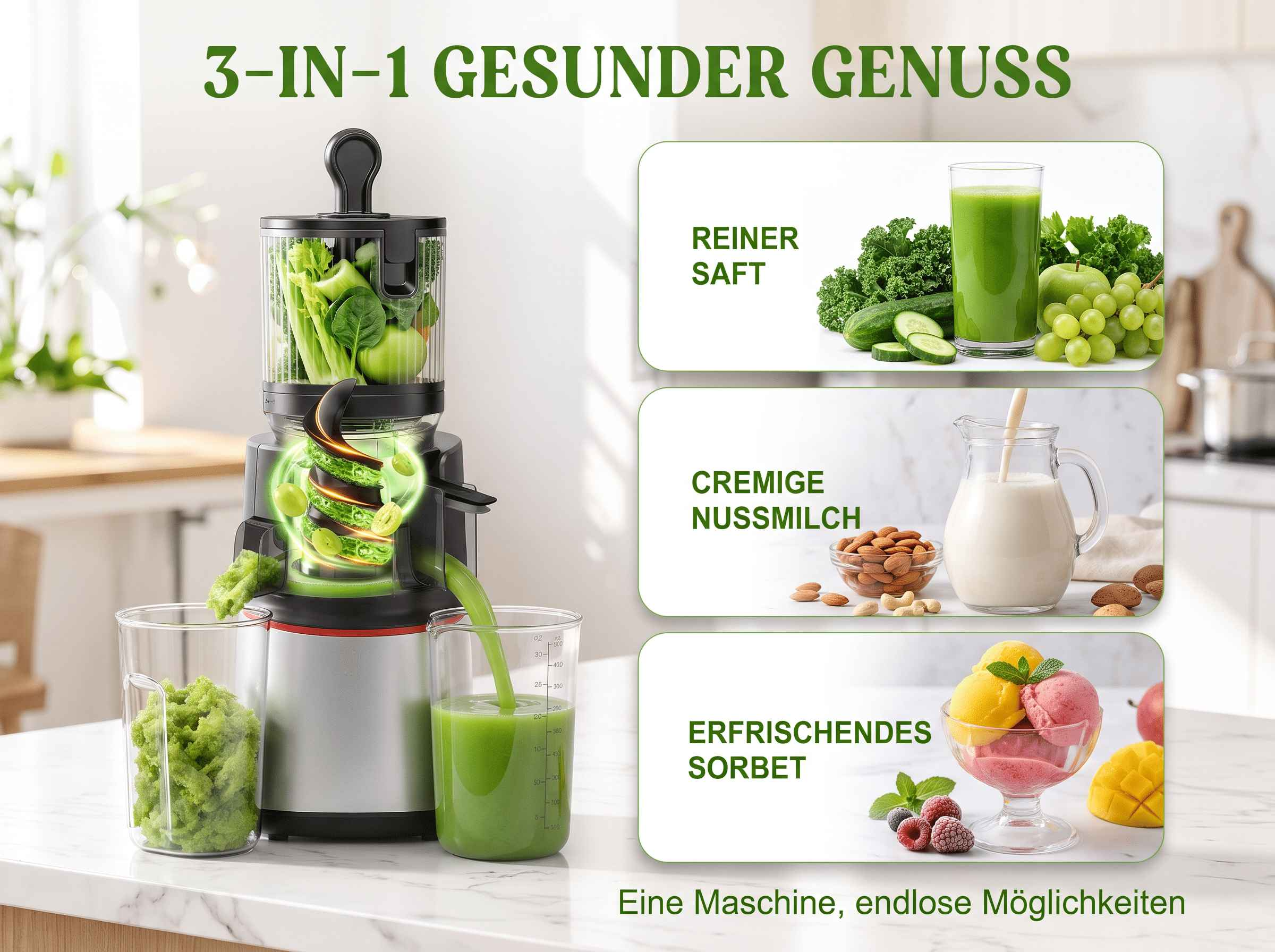 Eine Saftpresse auf einer Küchenzeile stellt Saft, Nussmilch und Sorbet her, mit grünem Gemüse und Früchten.