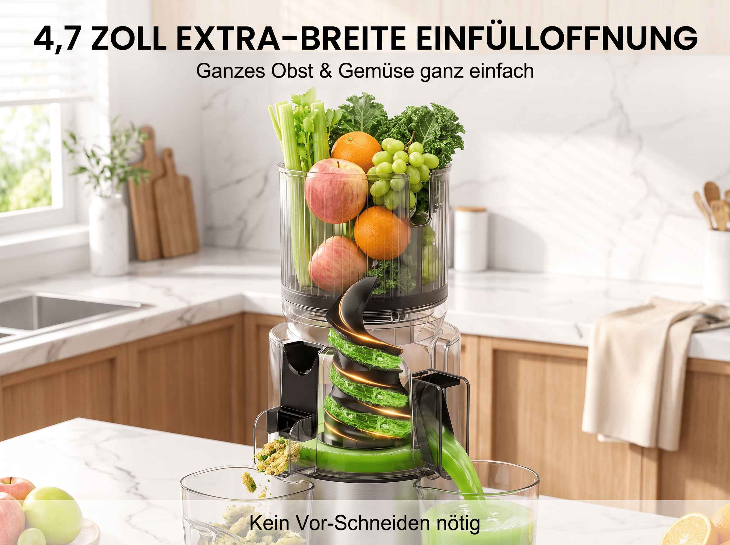Ein Entsafter mit großem Einfüllschacht gefüllt mit ganzem Obst und Gemüse in einer hellen Küche.