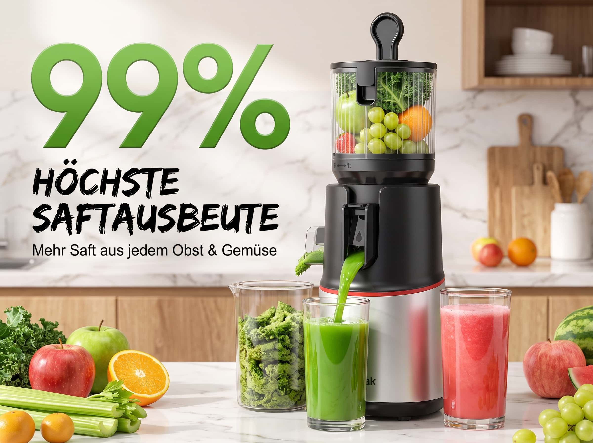 Ein schwarzer Slow Juicer gießt grünen Saft in ein Glas auf einer mit frischem Obst und Gemüse gefüllten Theke.